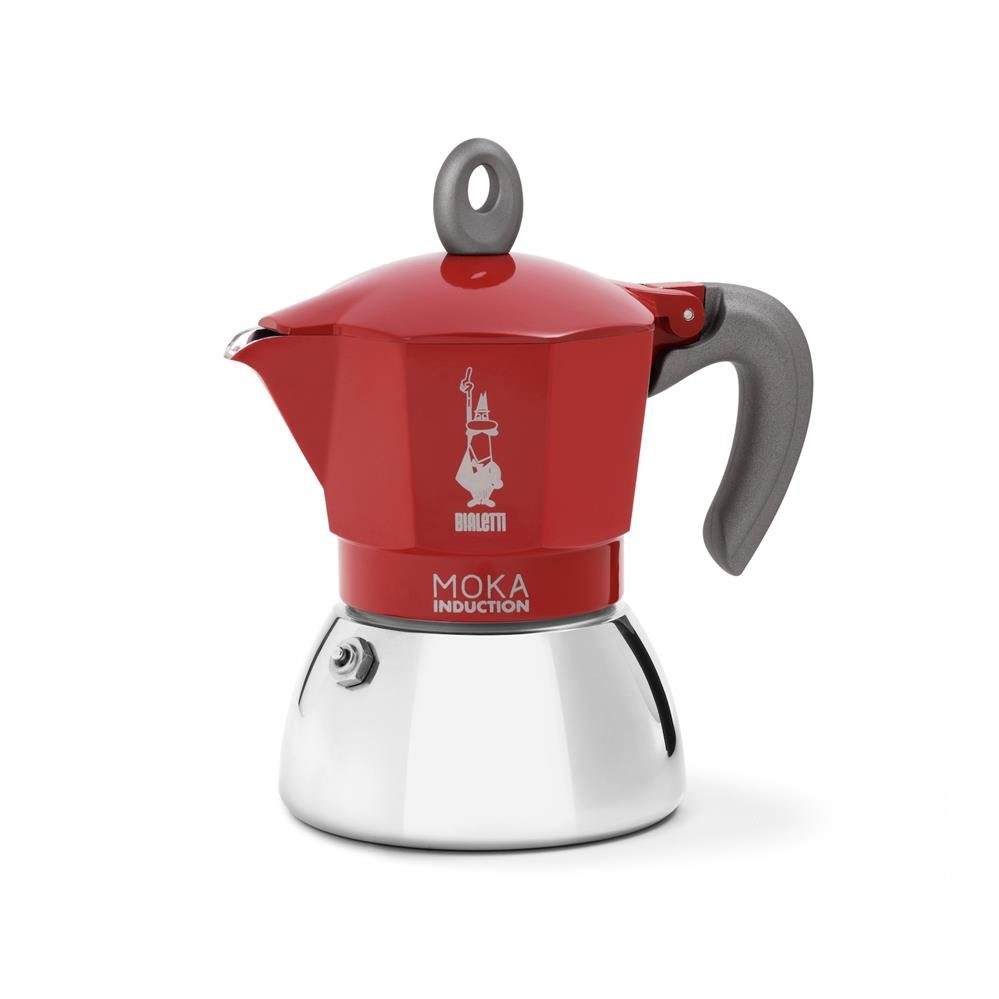 BIALETTI Espressokocher New Moka 2 Tassen, aus Aluminium, für zwei Tassen, für Induktionsherd, Gasherd, Elektroherd und Propan-Campingkocher, Silber / Rot