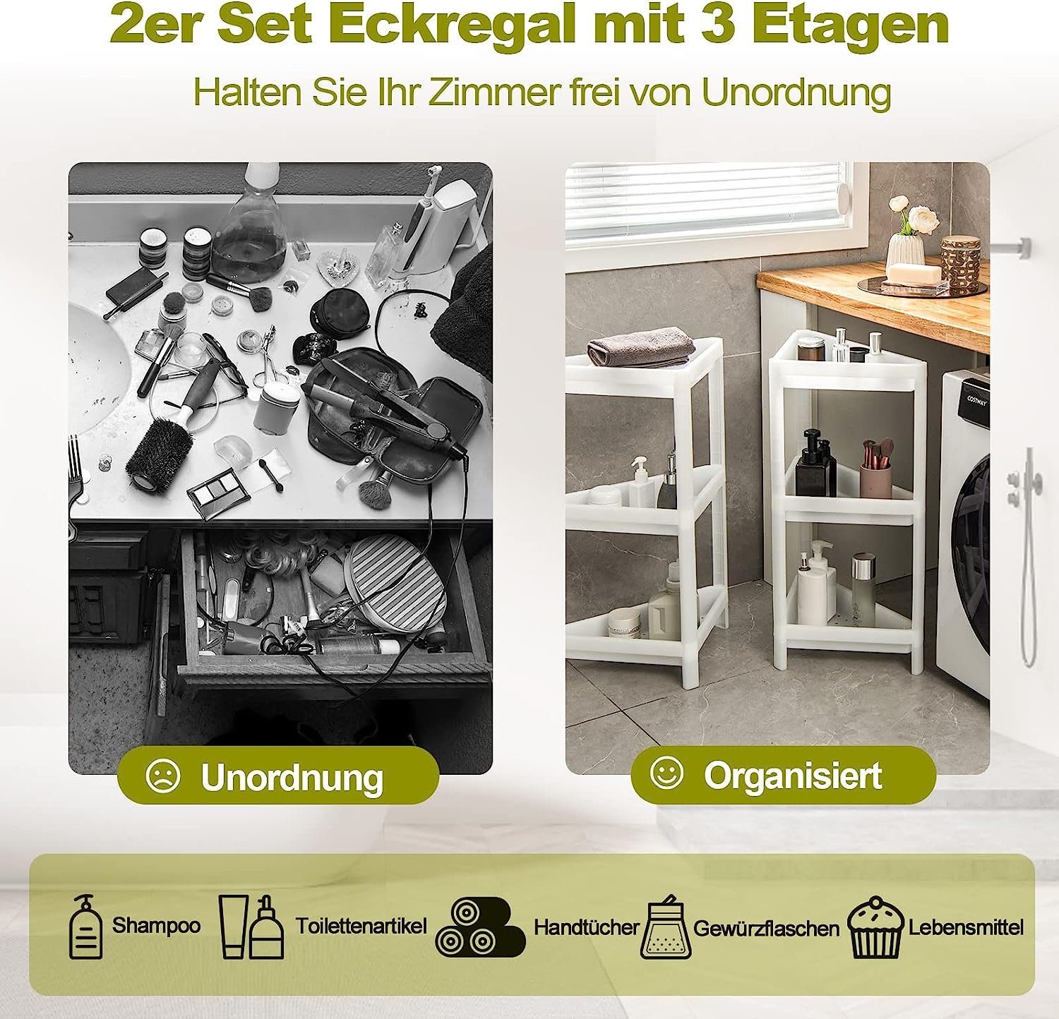 KOMFOTTEU Eckregal Nischenregal, 2er Set, mit erhöhte Kante, 33x33x70 cm