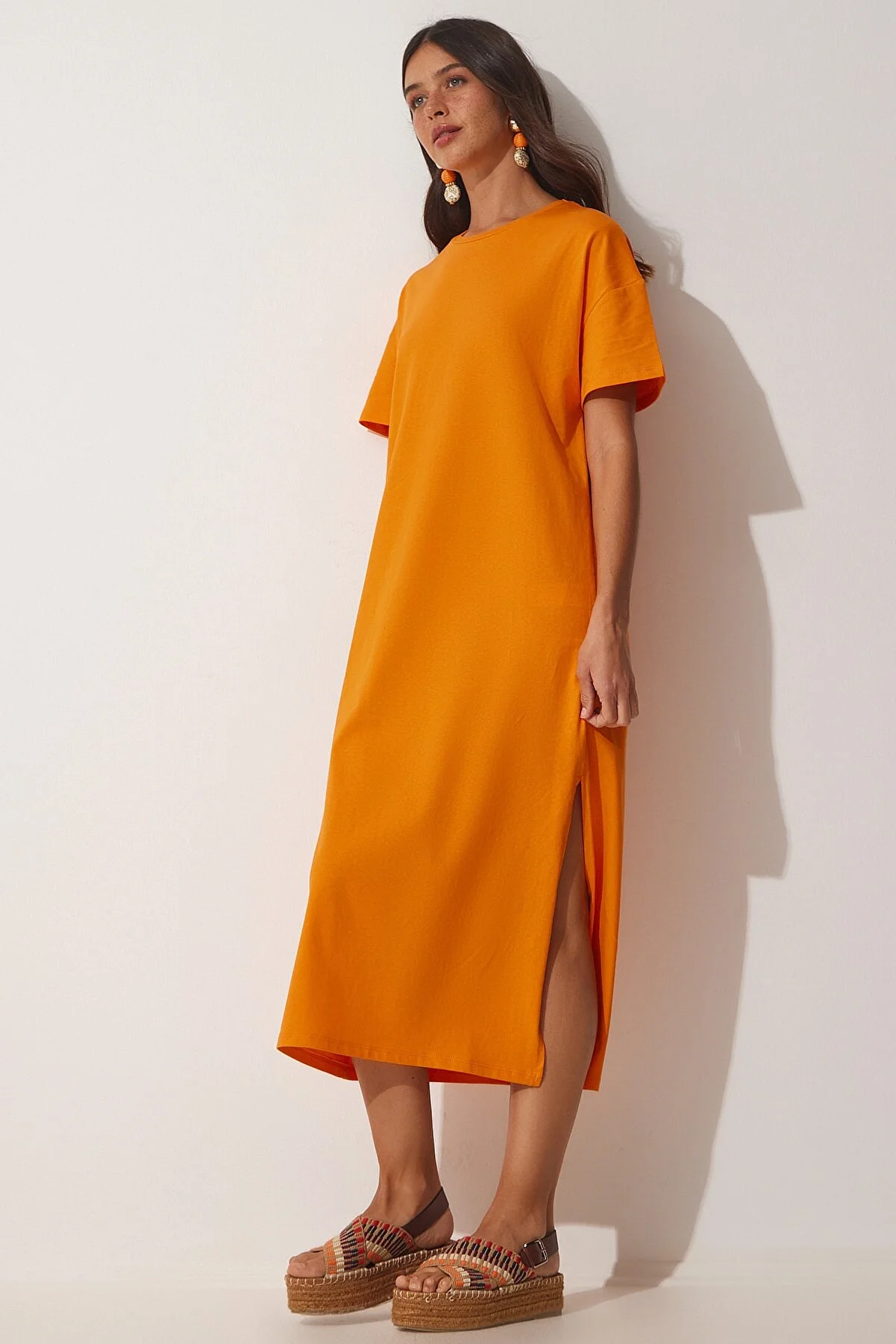 Happiness İstanbul  Damen-Sommerkleid aus gekämmter Baumwolle in Orange aus Baumwolle UB00080