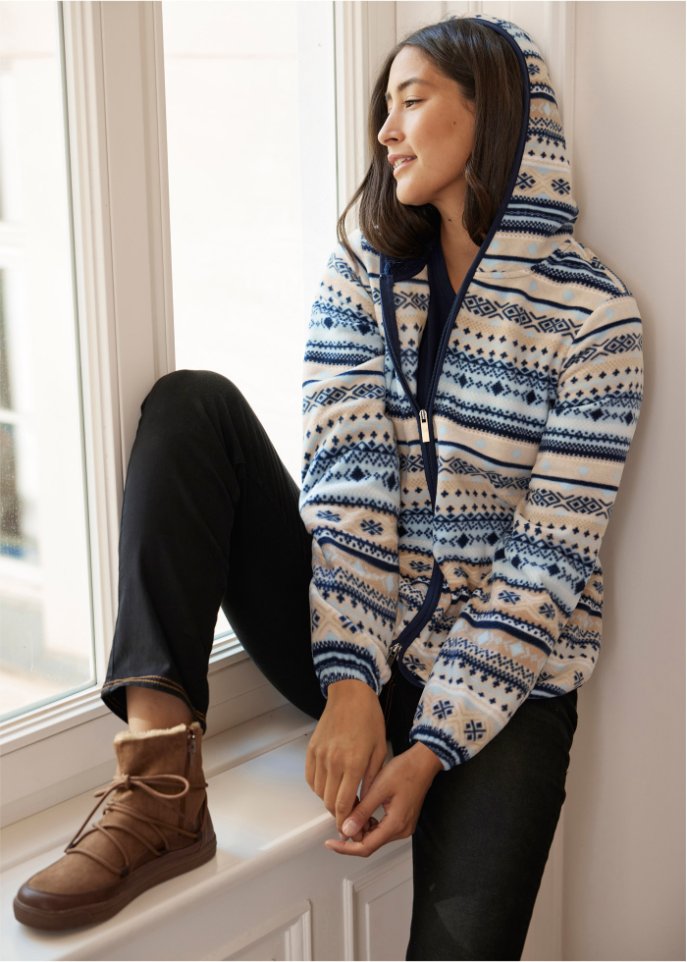Kapuzen-Fleecejacke mit Norweger-Muster