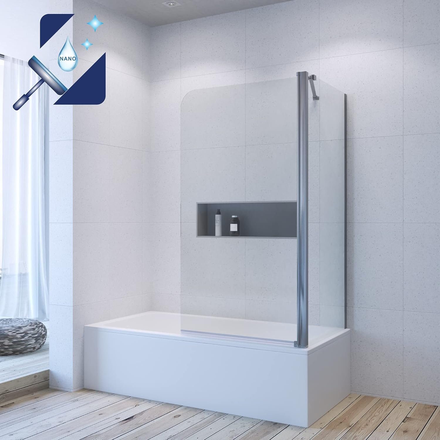 AQUABATOS Badewannenaufsatz Duschwand Glas mit Seitenwand 80x75x140cm, Einscheibensicherheitsglas, Sicherheitsglas