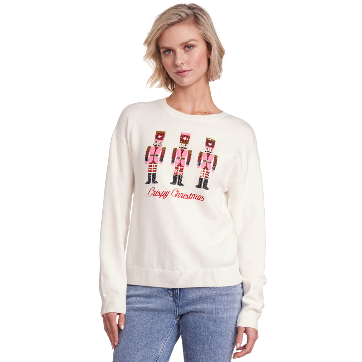Damen Weihnachtspullover mit Pailletten-Motiv weiss