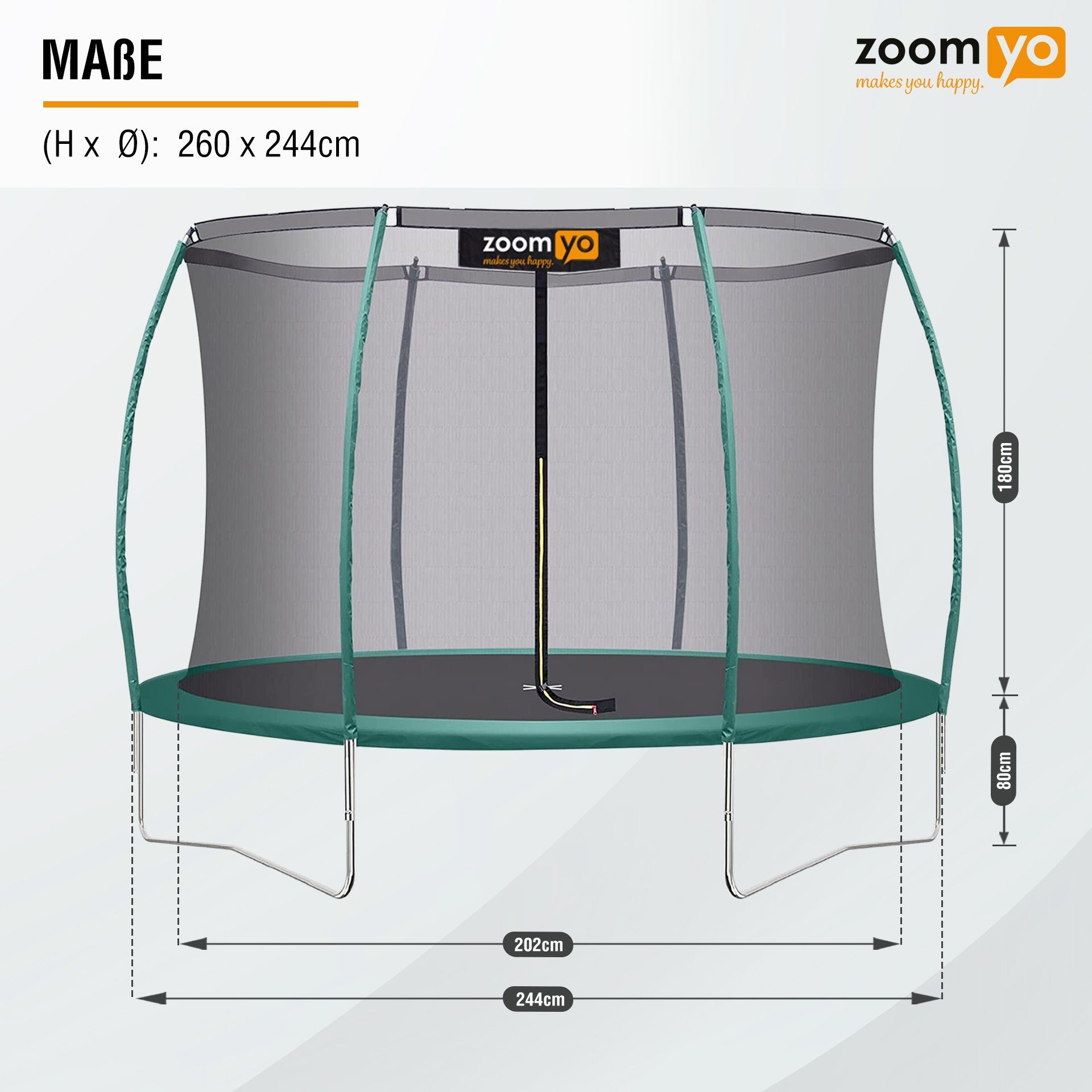 Zoomyo Gartentrampolin Gartentrampolin Advanced,Kindertrampolin,Outdoor für Kinder,wetterfest, Ø 244 cm, Outdoortrampolin,inkl Sicherheitsnetz und Sprungmatte