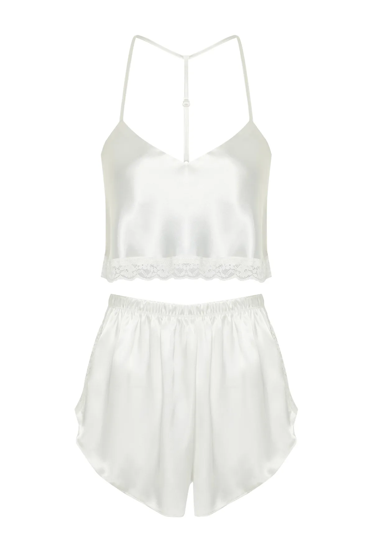Trendyol Collection  Ecrufarbenes Pyjama-Set aus gewebtem Satin mit Spitzendetails und Seilträgern THMSS22PT0264