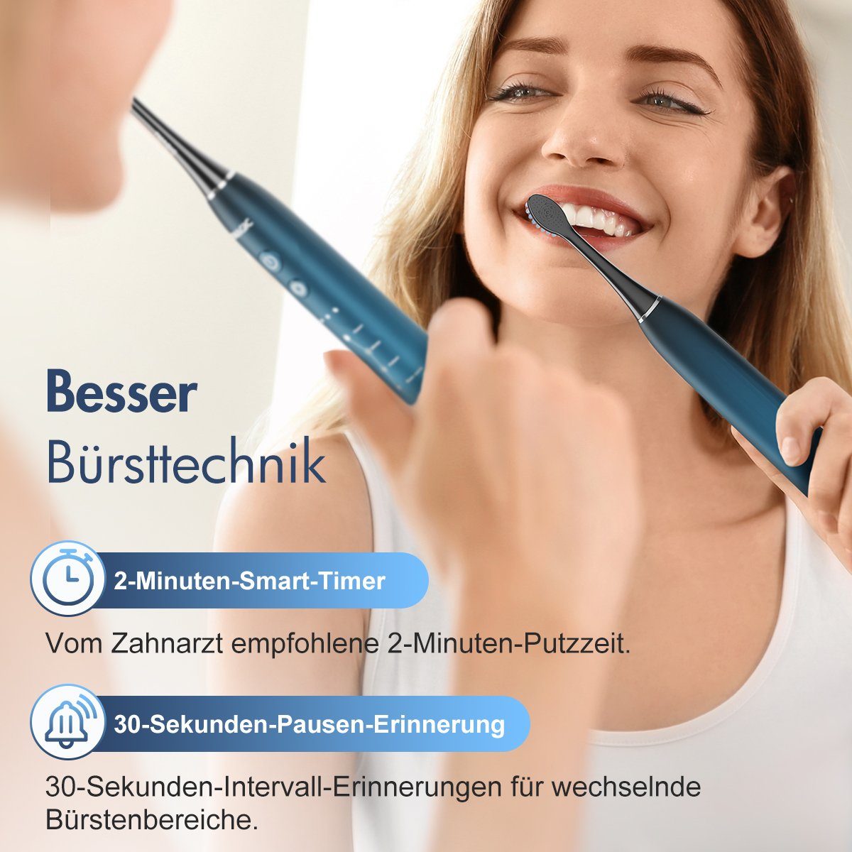 7Magic Schallzahnbürste Elektrische Zahnbürste mit 40000VPM Schalltechnologie UIltraschall, Aufsteckbürsten: 6 St., mit Reiseetui, Zahnbürstenhalter, 6 Zahnputz-Modi, 6 Zahnbürstenköpfen, Putzdauer-Erinnerung