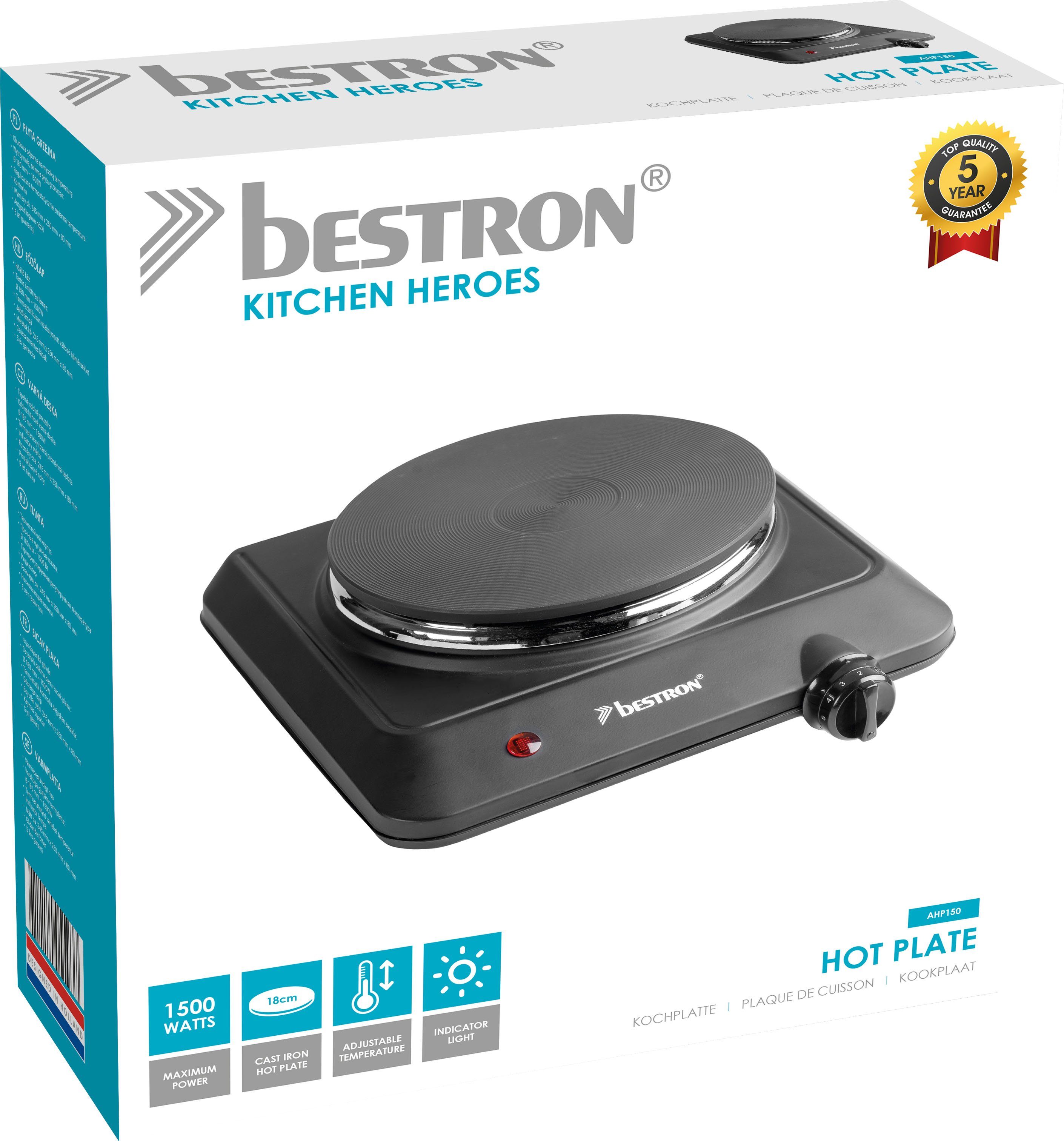 bestron Einzelkochplatte AHP150 Kitchen Heroes, aus Gusseisen, Ø 18 cm, 1500 Watt, Schwarz