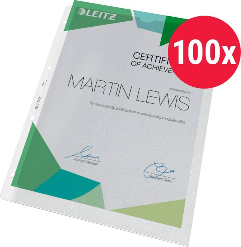 Leitz Premium Prospekthüllen DIN A4 Genarbt Transparent 130 Mikron PP (Polypropylen) Oben und links 4 Löcher 4780 100 Stück