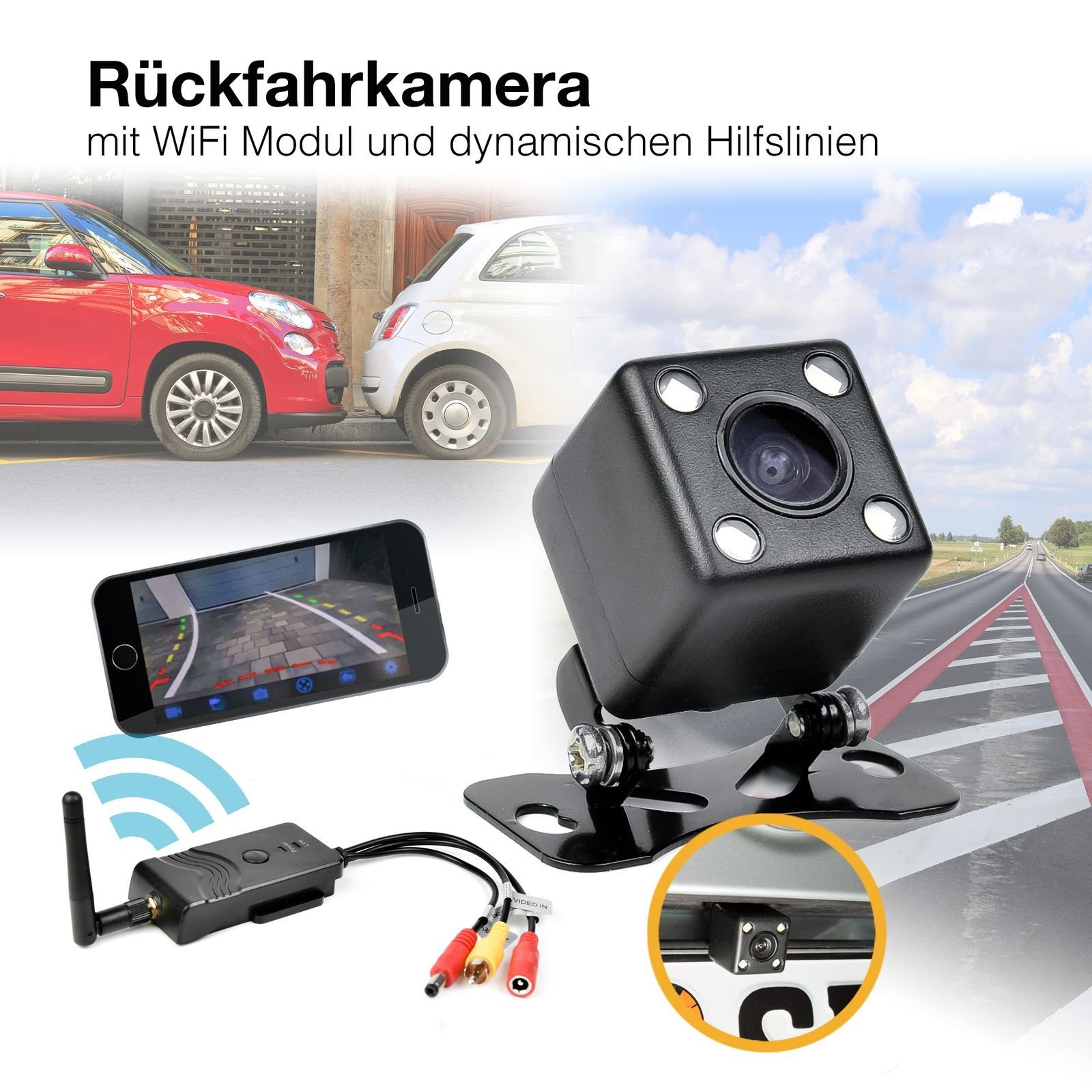 CARMATRIX CM-1162 Rückfahrkamera (Auto WLAN Funk HD Rückfahrsystem Rückfahrkamera mit App 12V 24V)