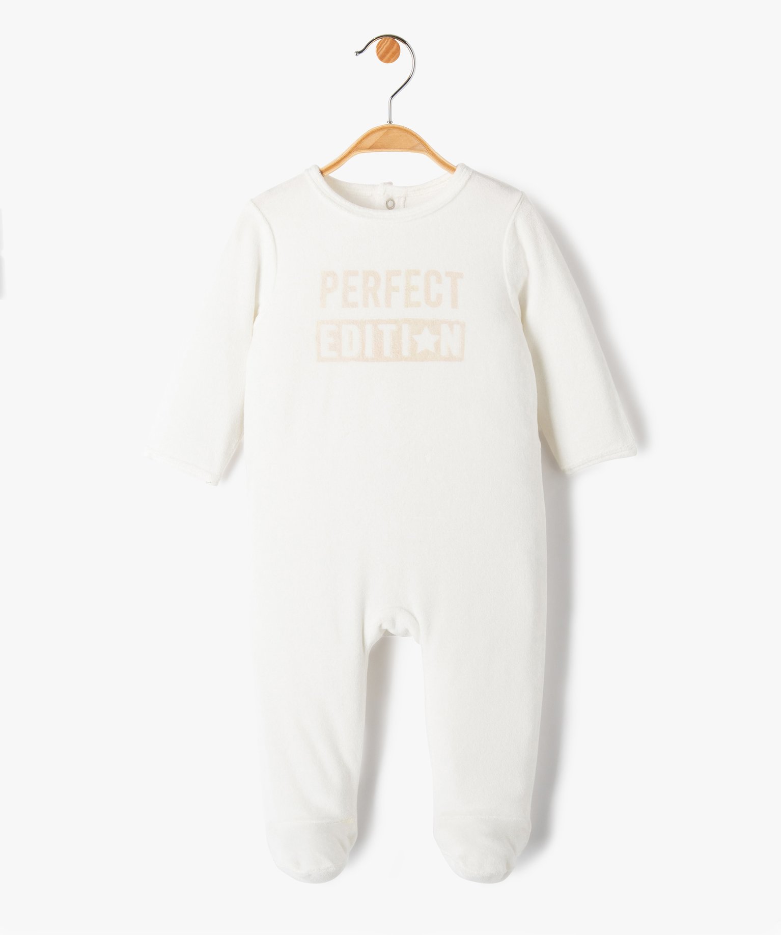 Pyjama bébé à pont-dos en velours avec message ecru | GEMO