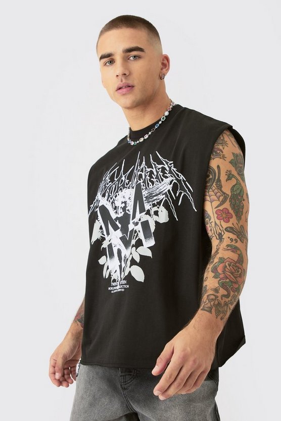 Kastiges Oversize Renaissance Tanktop mit rohem Saum und Gothic M Print