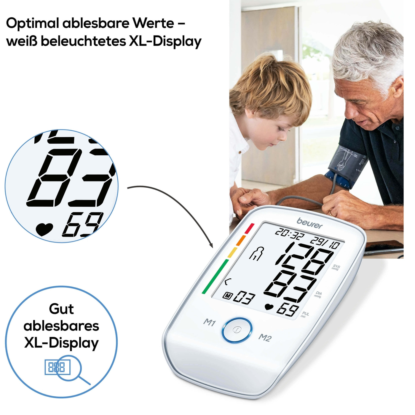 Beurer Oberam-Blutdruck-messgerät BM 45-Beleuchtetes Oberarm-Blutdruckmessgerät mit ergonomischen XL-Display