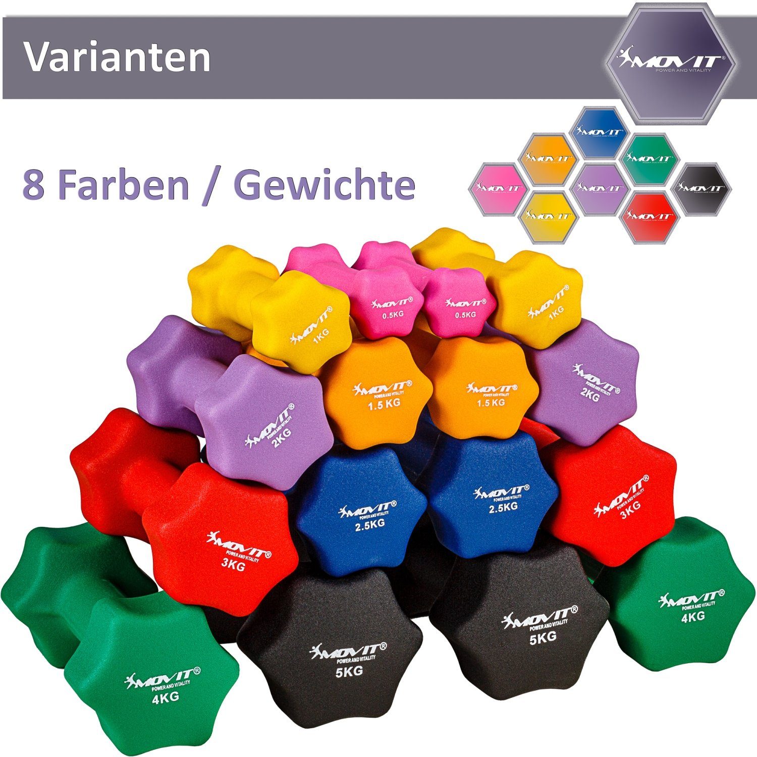 MOVIT Hantel-Set 2er Set Neopren Hanteln, Kurzhanteln, (Set, 2er-Set), Hantel in 8 Gewichts- und Farbvarianten 2x 0,5kg bis 2x 5kg