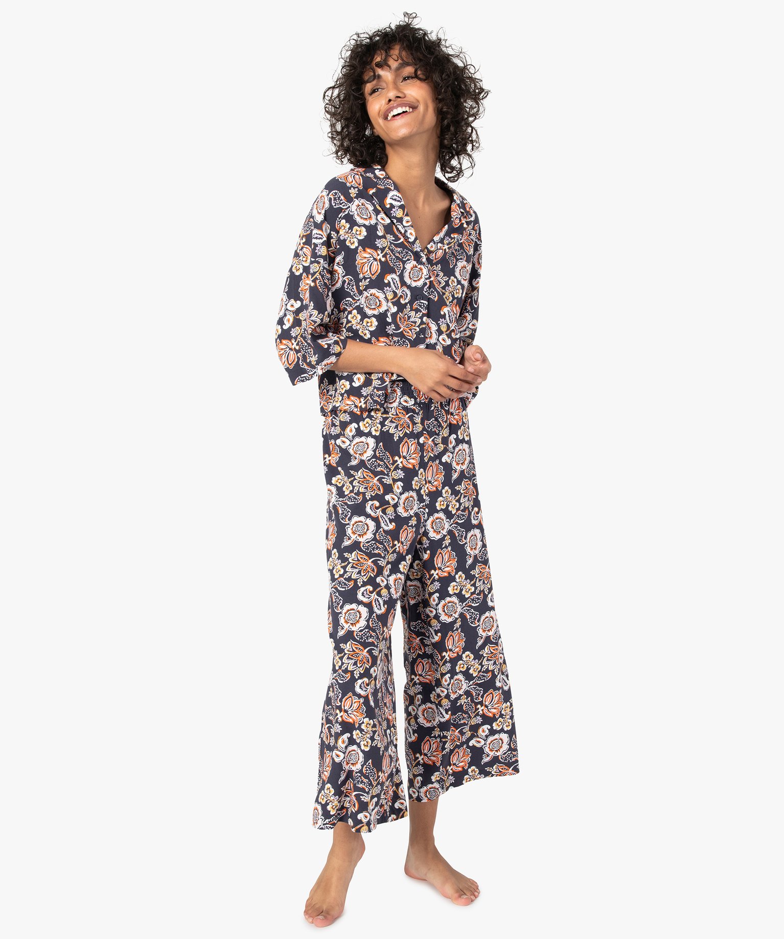 Haut de pyjama femme forme chemise à motifs fleuris multicolore | GEMO