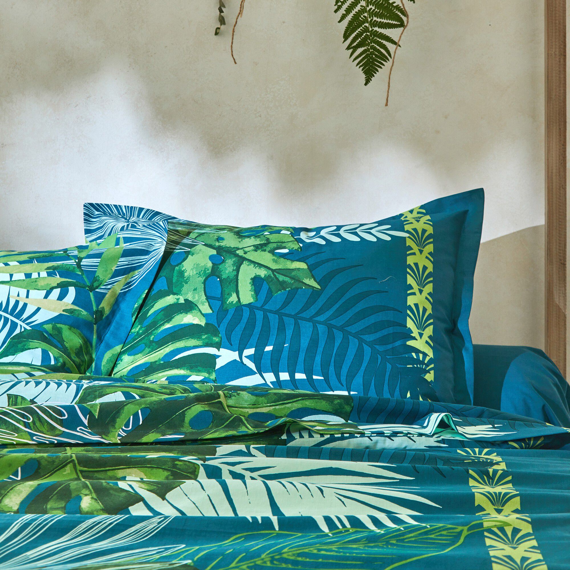 Linge de lit Cayenne en coton imprimé feuilles de palmiers