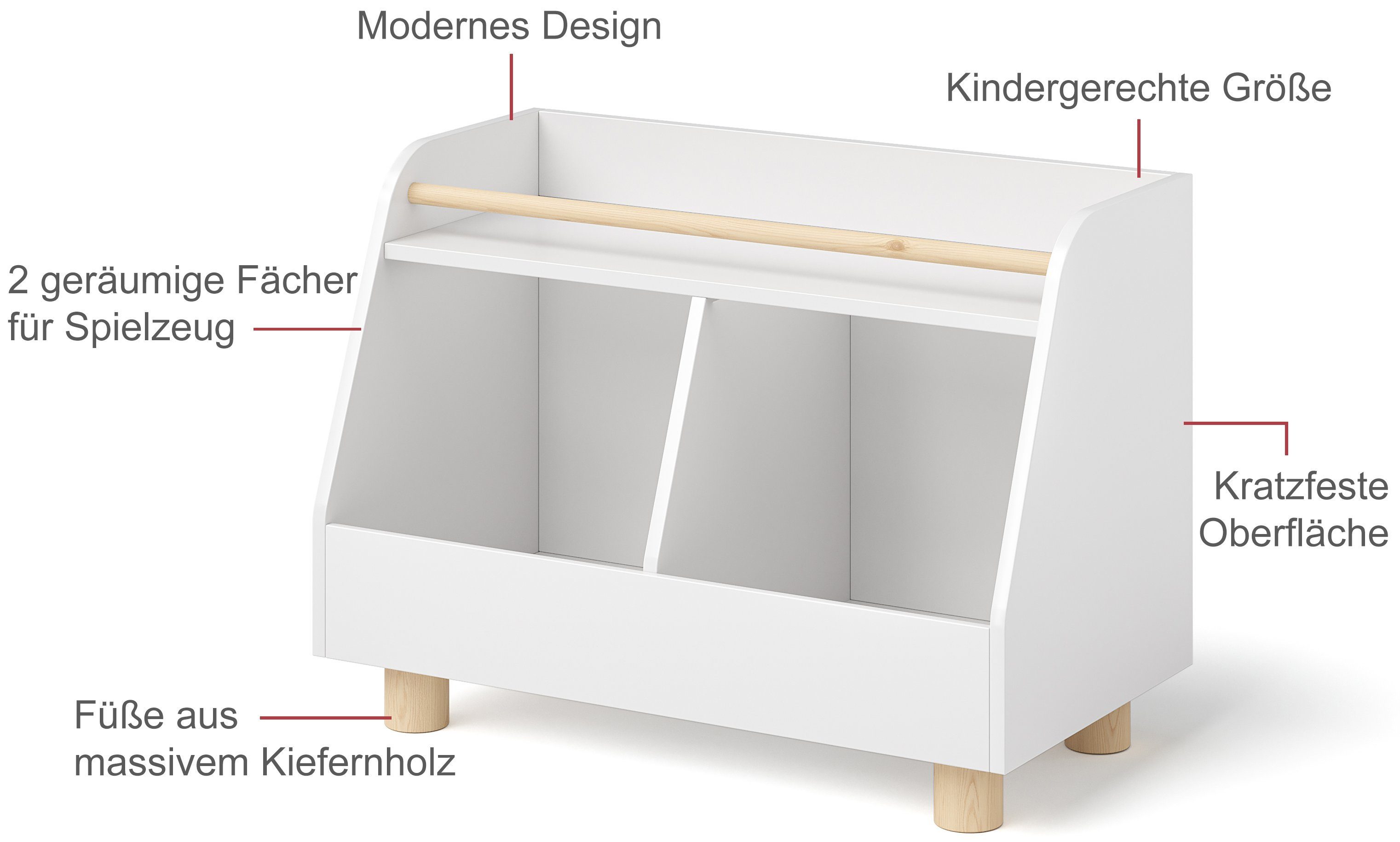 Bellabino Kinderregal Belly, Spielzeugregal weiß, 2 Fächer für Spielzeug, 1 Ablage