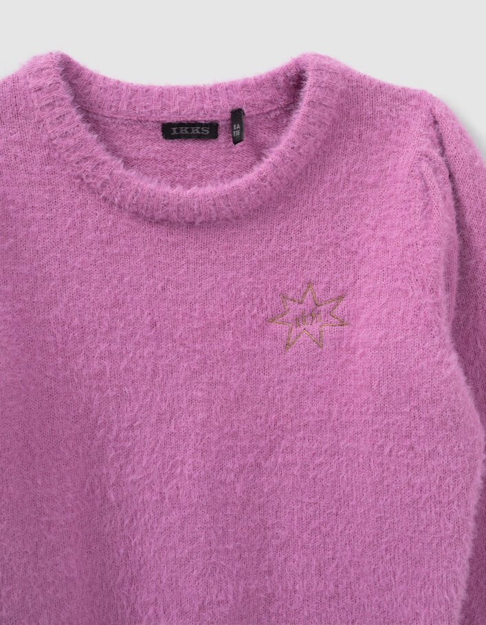Pull rose foncé tricot avec broderie fille