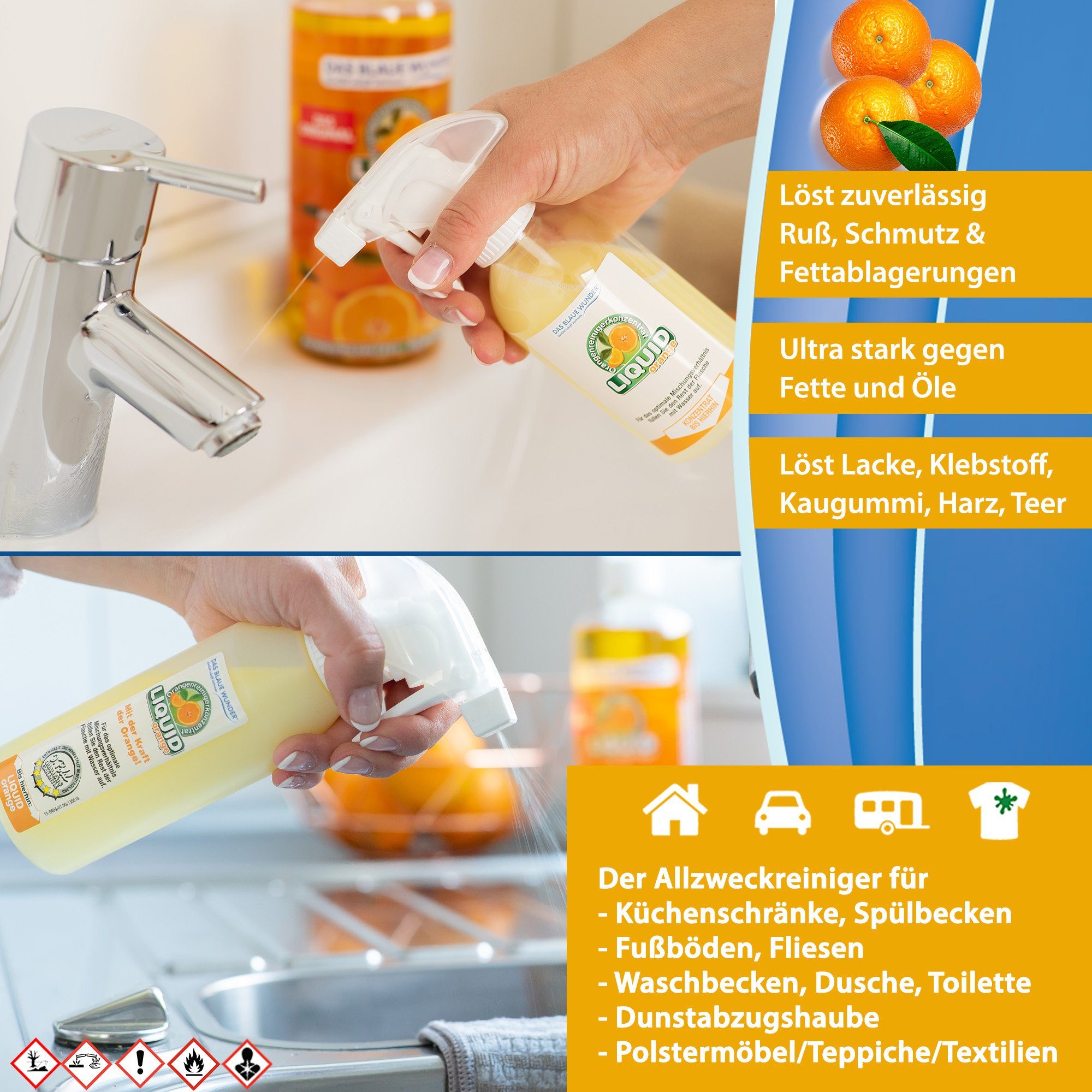 Das Blaue Wunder® Liquid Orange Orangenreiniger Universalreiniger inkl. Sprühflasche Reinigungskonzentrat (2-St)