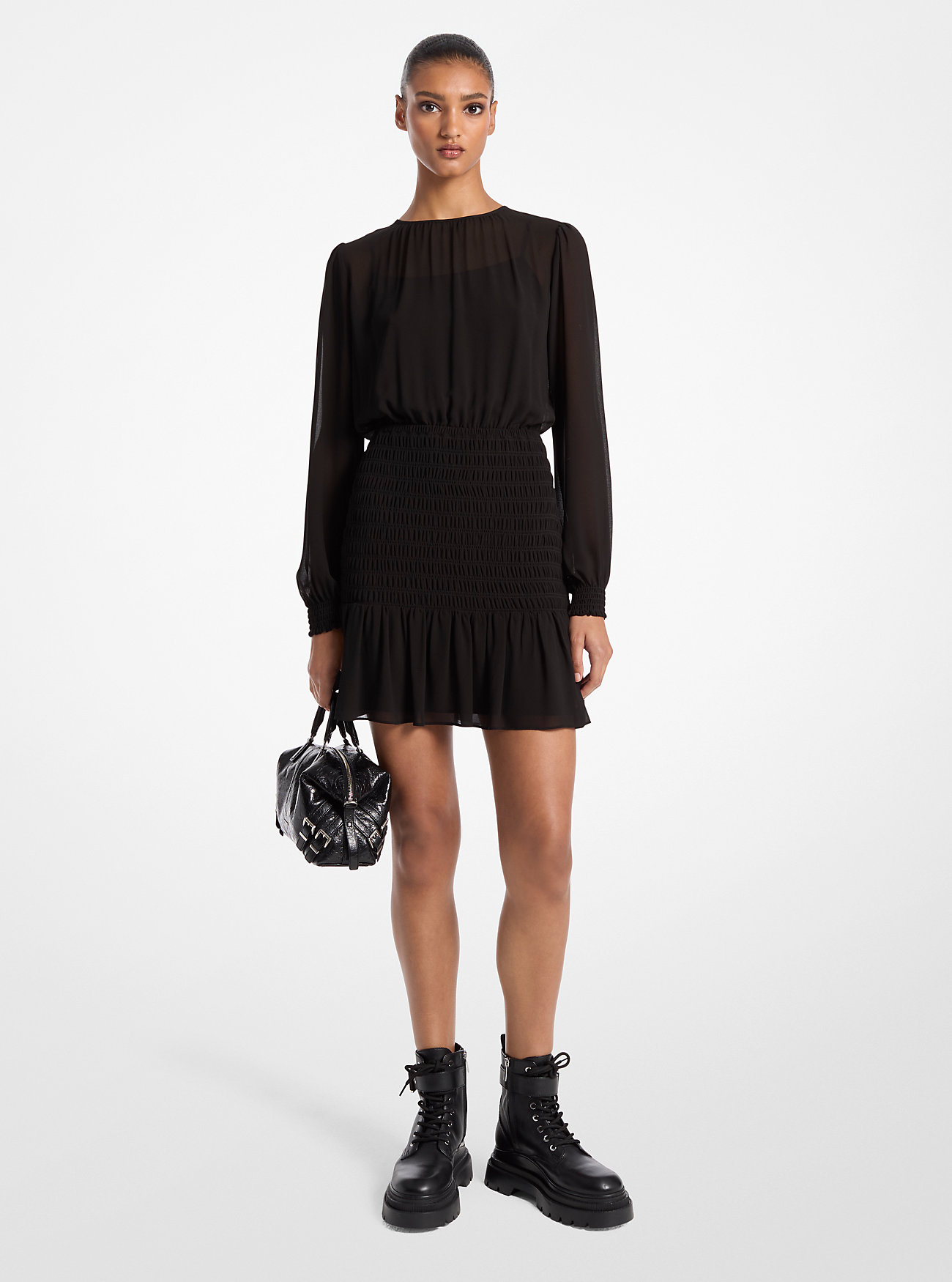 Smocked Georgette Long Sleeve Dress - BLACK