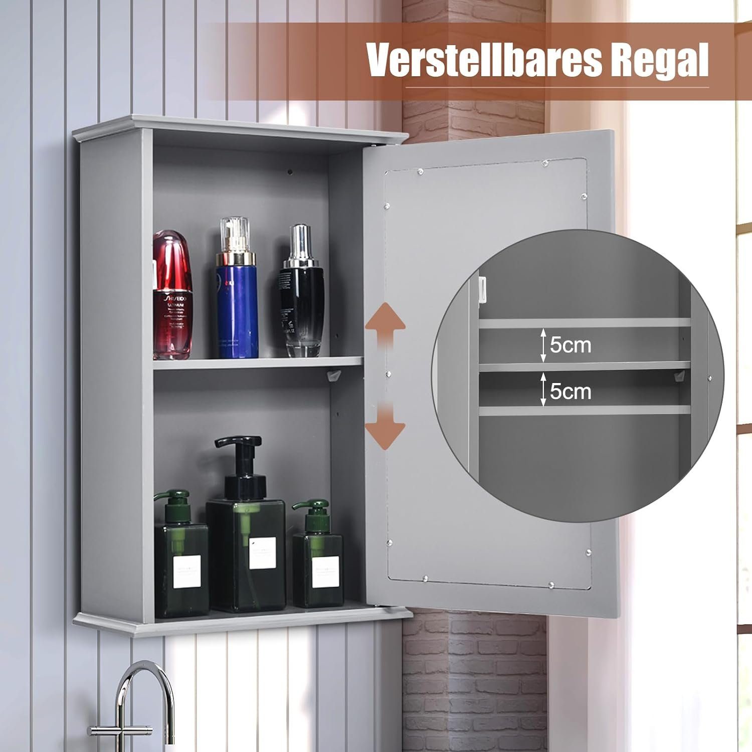 KOMFOTTEU Spiegelschrank mit Verstellbarer Ablage 34 x 15 x 53 cm