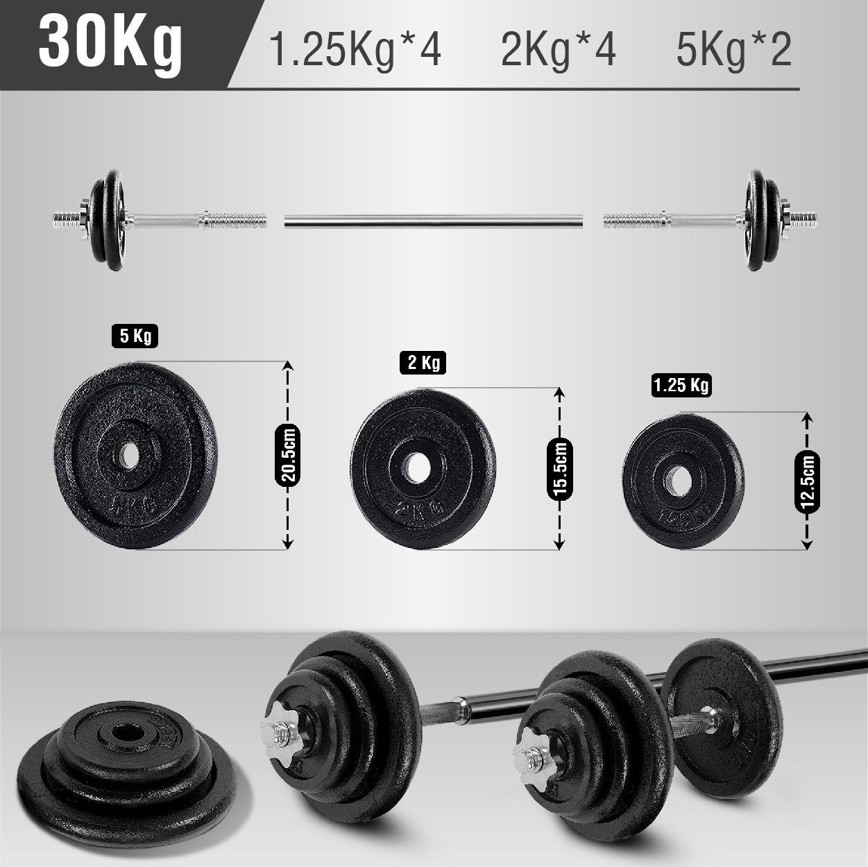 Zoomyo Hantel-Set Kurzhantel/Langhantel-Set 30 kg, 18-tlg. Hantelset, (Set), Hantelscheiben-Aufnahme 25 mm