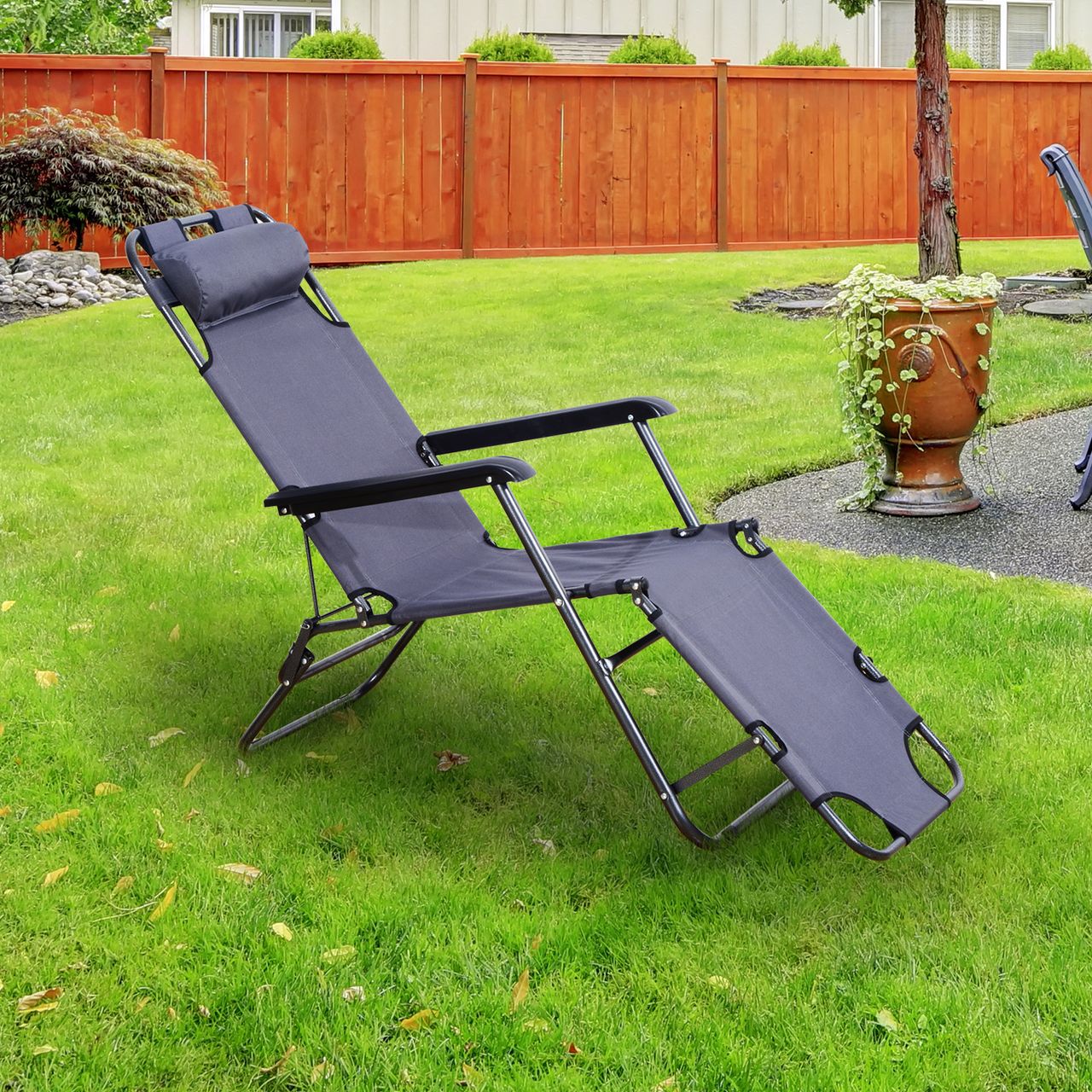 Outsunny Sonnenliege mit Kissen, Klappbare Strandliege, 2-Stufige Gartenliege , 2-in-1 Relaxliege, Metall   Oxfordstoff, Grau 135 x 60 x 89 cm