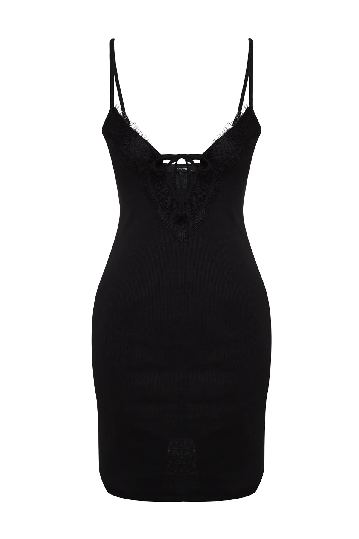 Trendyol Collection  Schwarzes Nachthemd aus geripptem Strick mit Baumwollspitze und Bindedetail mit Riemen THMSS23GC00014