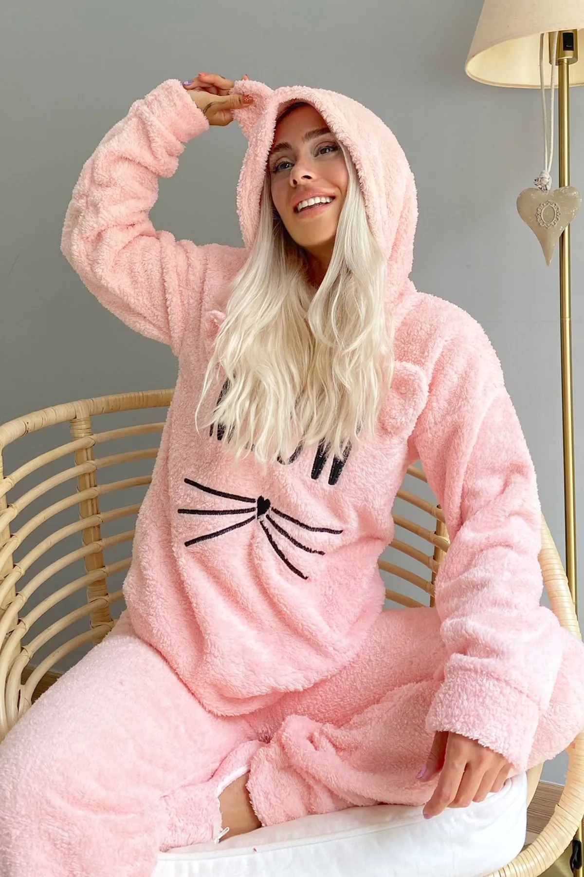 Pijamaevi  Lachs-Meow-gemustertes Vollplüsch-Pyjama-Set