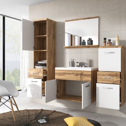 welltime Badmöbel-Set ELDA, (Komplett-Set, 5-St), Waschtisch inkl. Waschbecken, Hochschrank, Badschrank und Spiegel