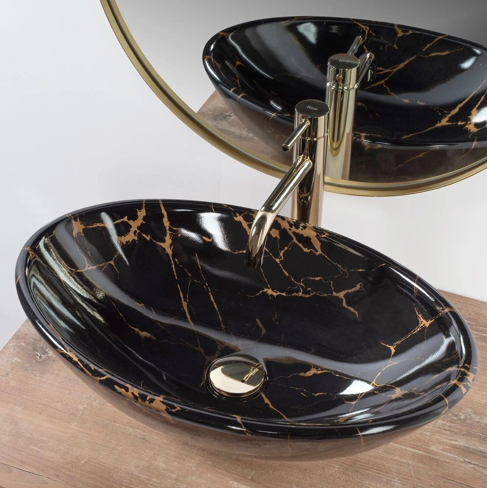 Badezimmer Rea Aufsatzwaschbecken Waschbecken Pamela Black Marble Shiny Marmoroptik 53x33cm