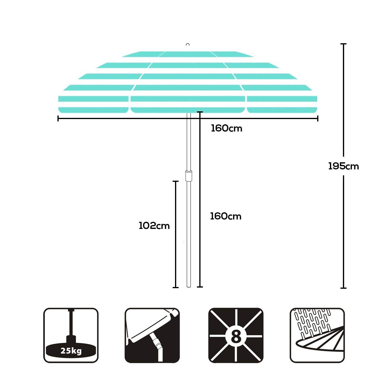 Sekey Balkonschirm Rund Terrassenschirm Strandschirm mit Schutzhülle Sonnenschirm 160 cm, Höhe verstellbar, Um 30° knickbar, Gestreift