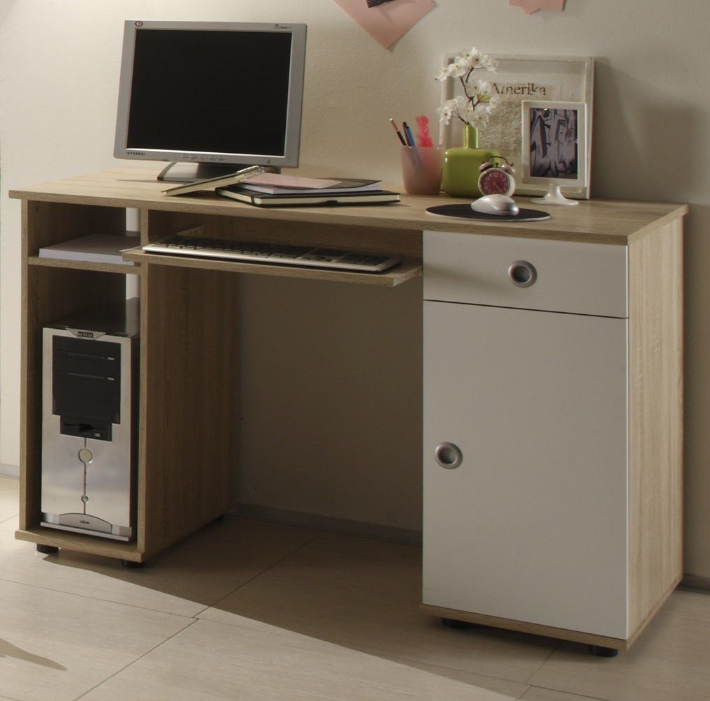 möbelando Jugendzimmer-Set Floris, (4-St), Modernes Jugendzimmer aus Spanplatte in Sonoma-Eiche Nachbildung, Absetzungen in Weiß bestehend aus 1 Schreibtisch, 1 Jugendbett, 1 Regal und 1 Kleiderschrank. Individuelle Stellmöglichkeit