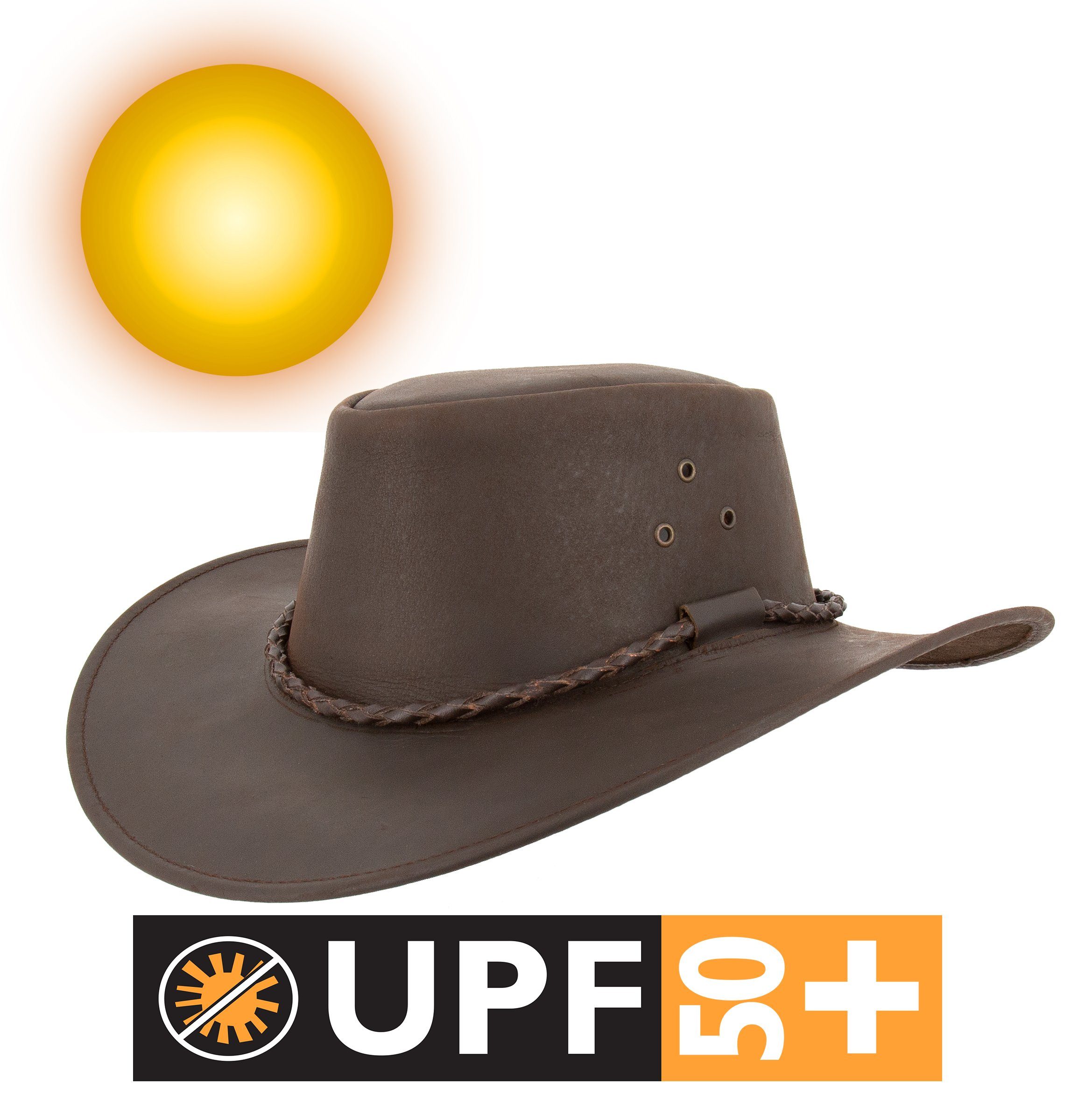 Outbacker Cowboyhut Outdoor Lederhut allwettertauglich mit Kinnband Australien Style Braun