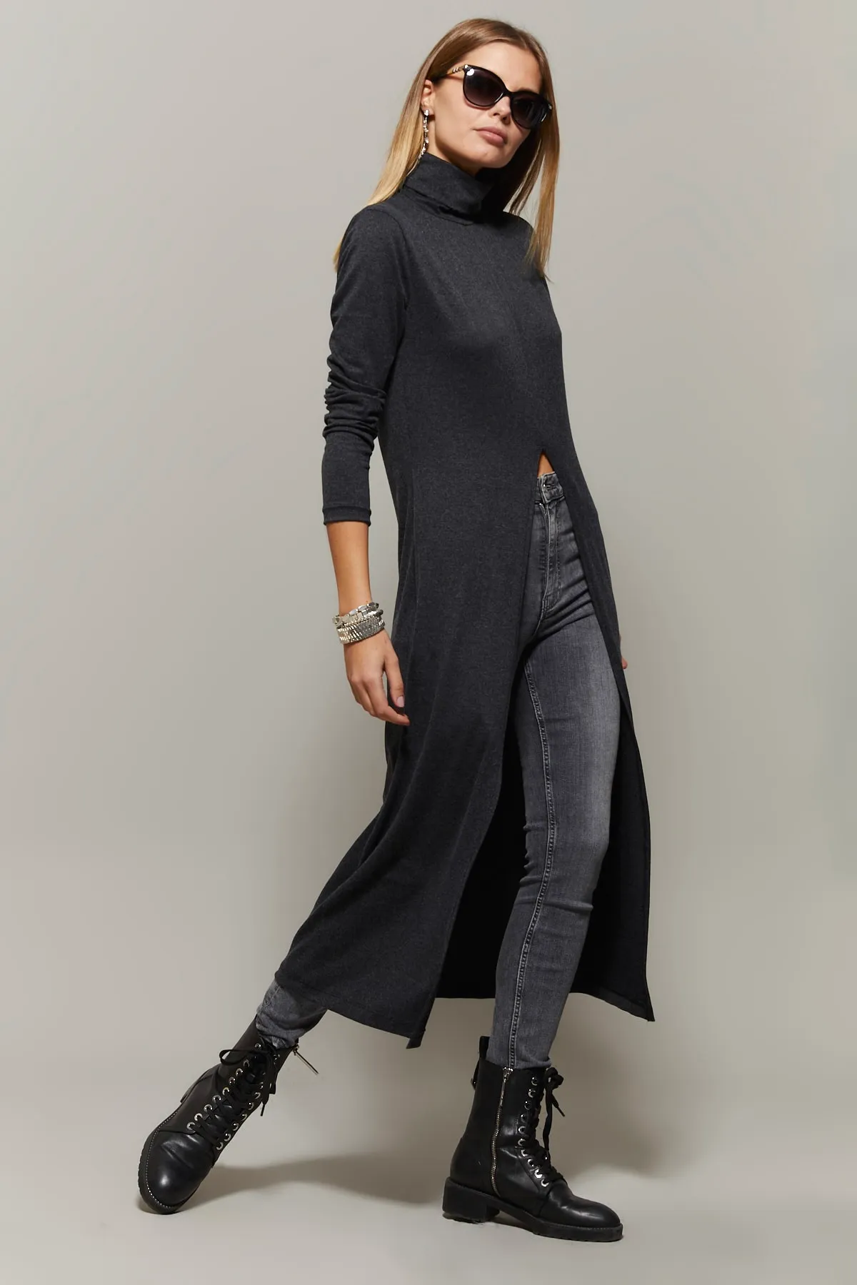 Cool & Sexy  Anthrazitfarbene Rollkragen-Tunika mit langem Schlitz für Damen EY1150