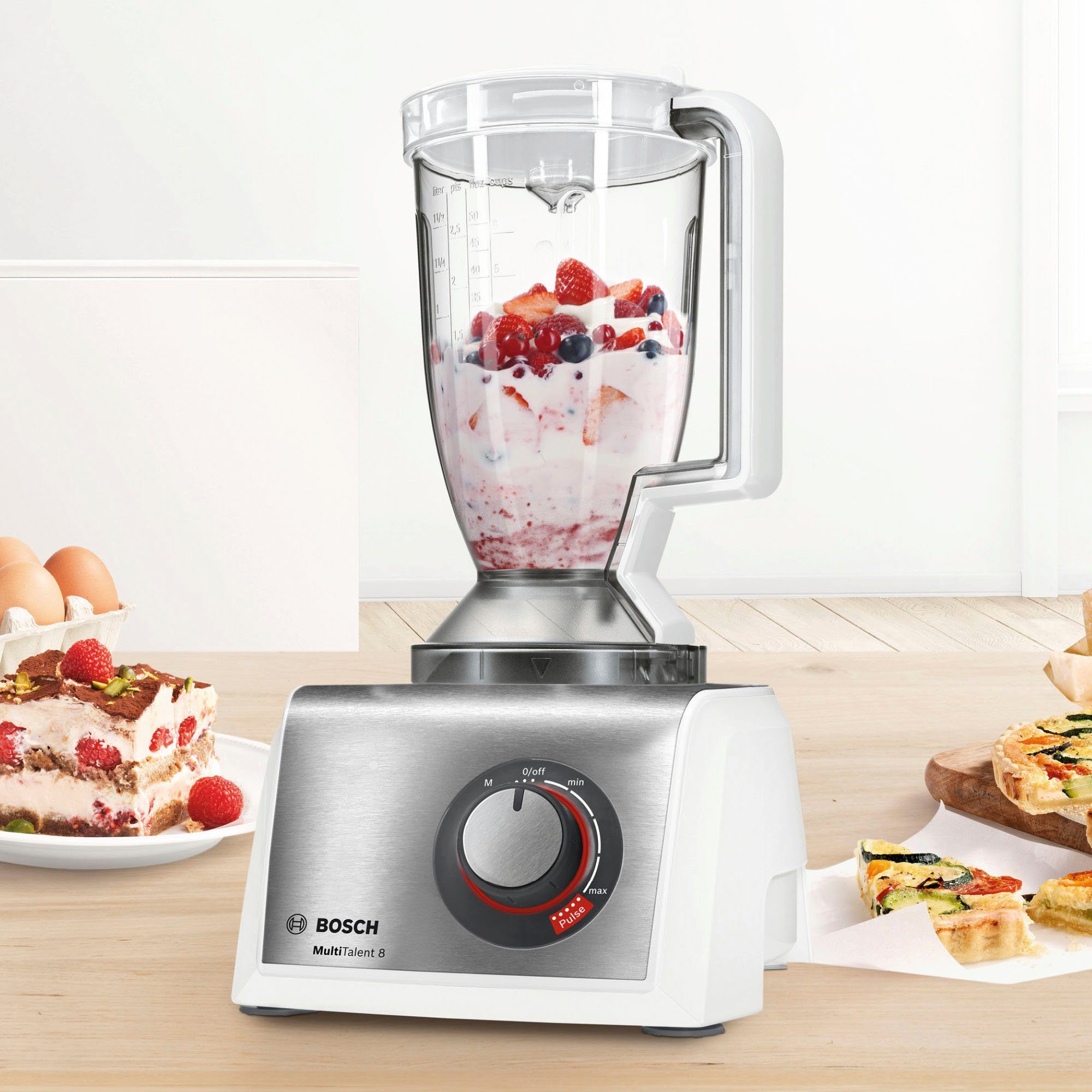 BOSCH Kompakt-Küchenmaschine MultiTalent 8 MC812S814, 1250 W, 3,9 l Schüssel, 3,9l Schüssel, 1,5l Mixaufsatz, Rührbesen, Universalmesser, 3 Scheiben