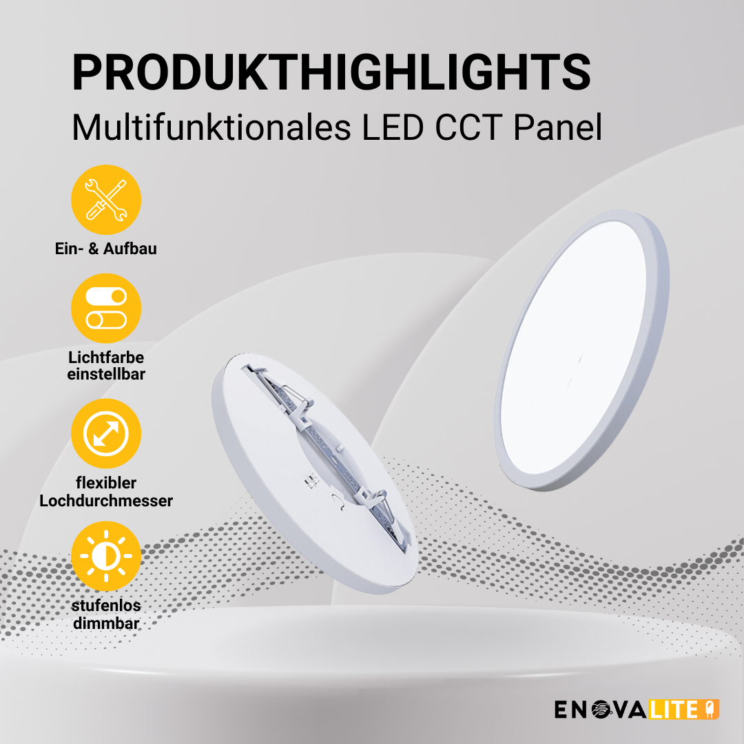 ENOVALITE LED CCT Panel, Ein-/Aufbau, dimmbar, 24W, ø330mm, Lochdurchm. variabel