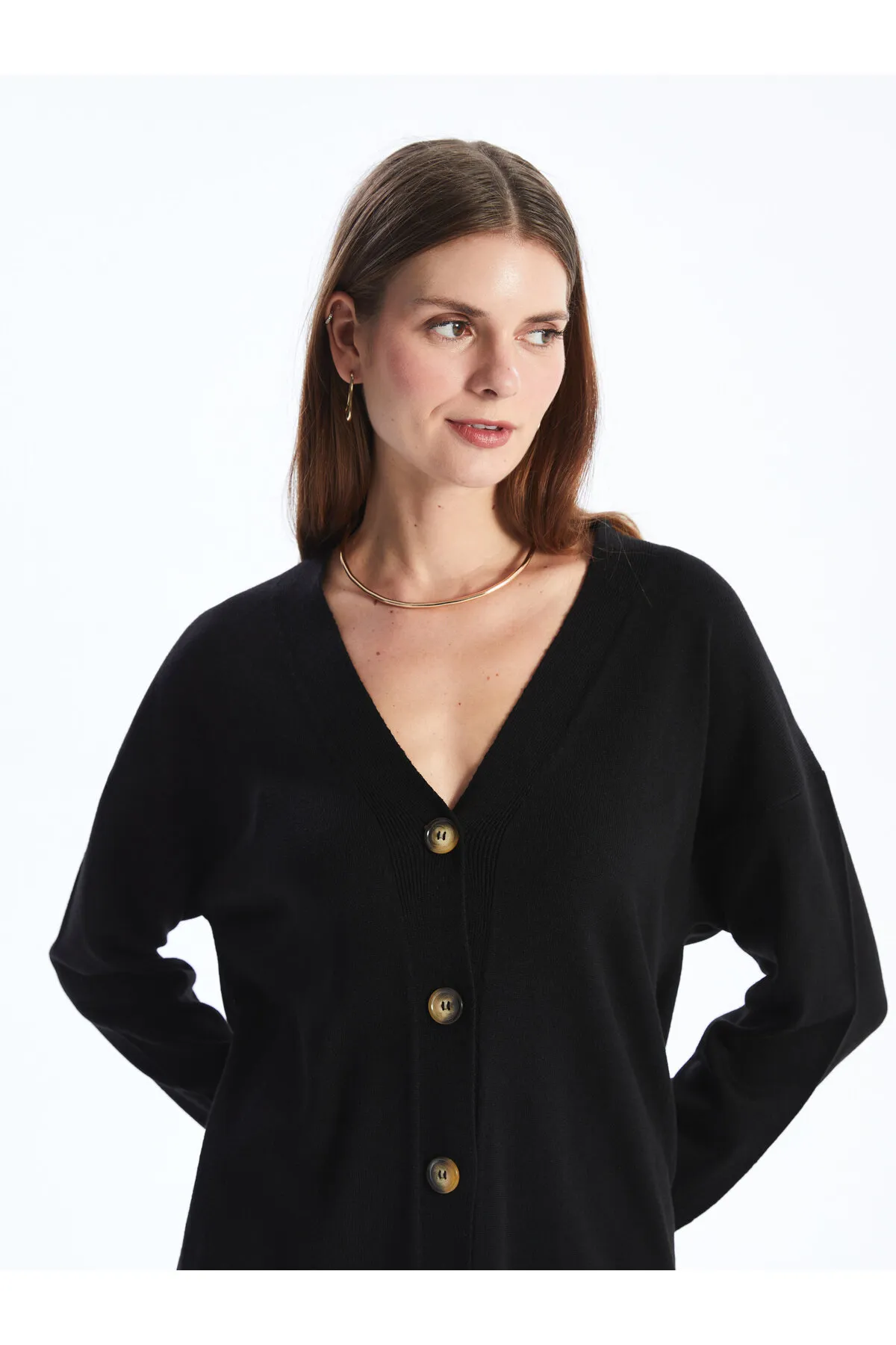 LC Waikiki  Einfarbige, langärmlige Damen-Strickjacke mit V-Ausschnitt