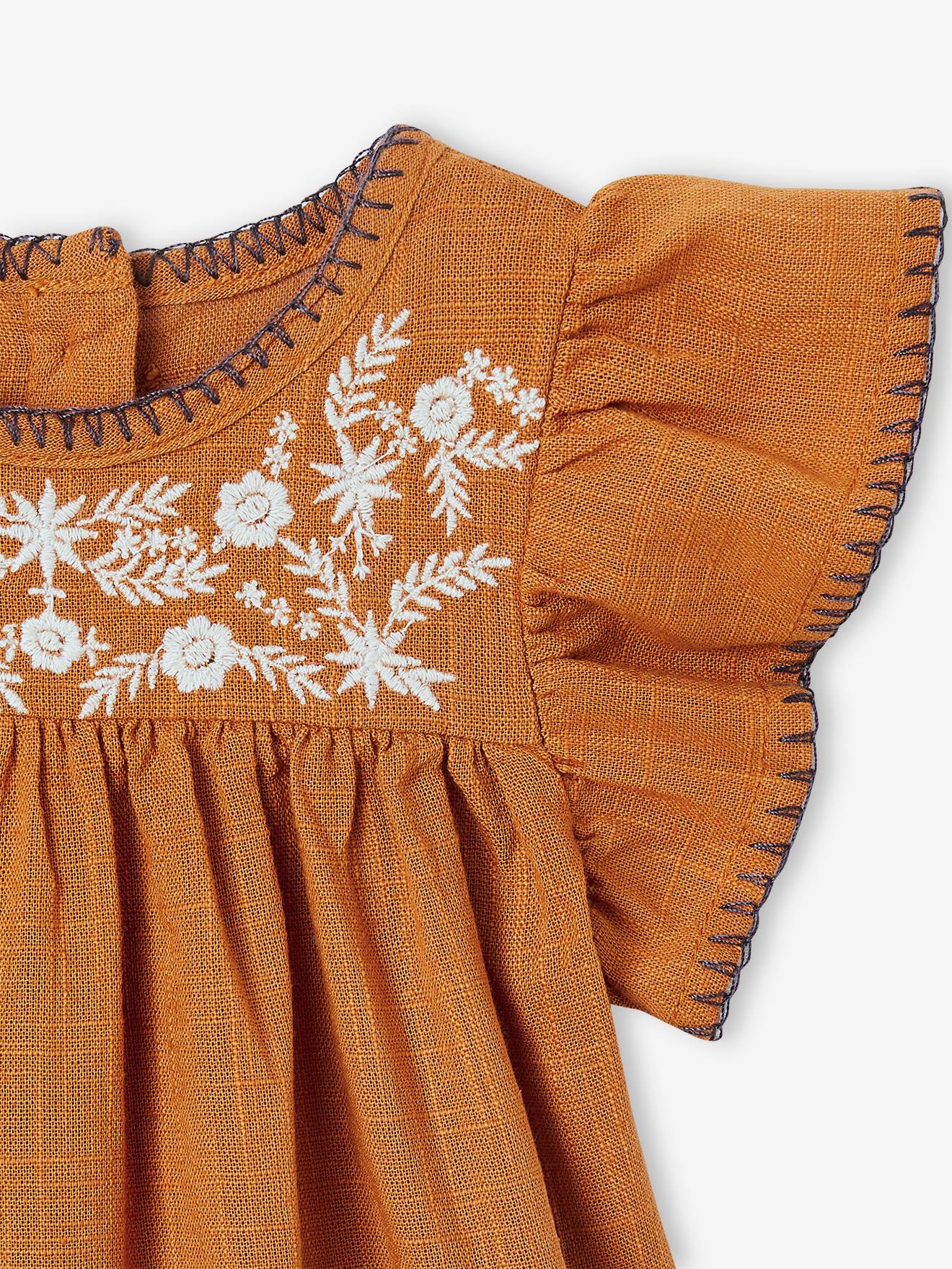 Combishort bébé brodé caramel