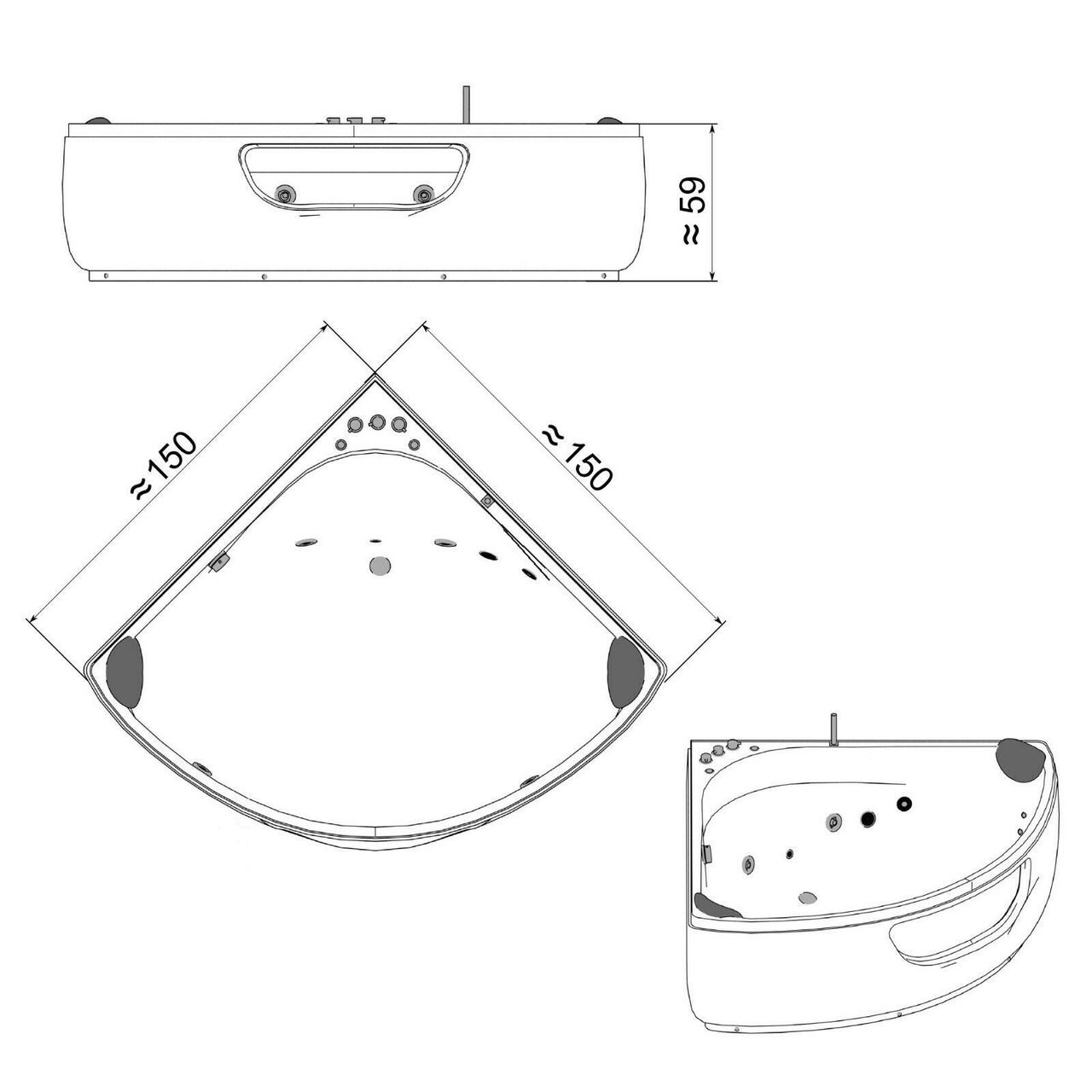 TroniTechnik Whirlpoolbadewanne PAROS 150cm x150cm x 58cm