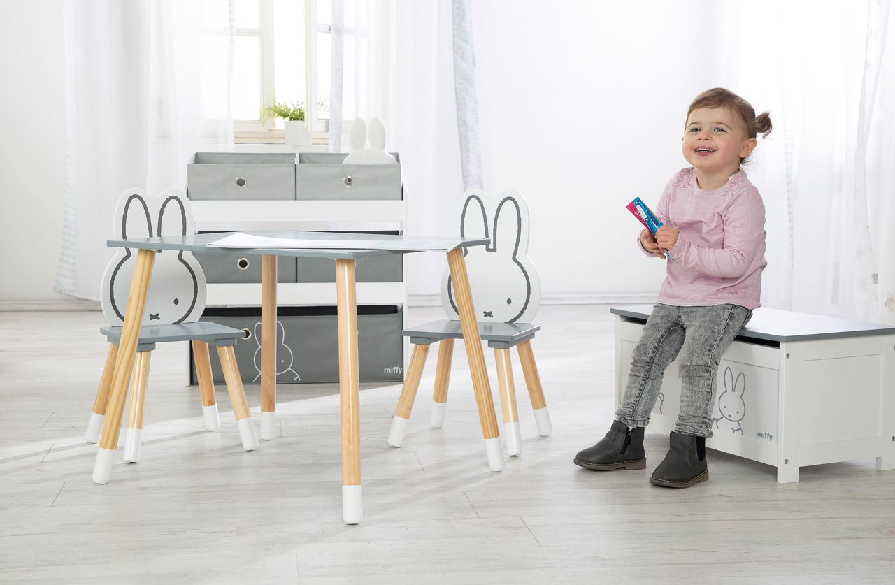 Roba Kinder Sitzgruppe miffy®, 2 Kinderstühlen & 1 Tisch, Holz, dunkelgrau, weiß, lackiert