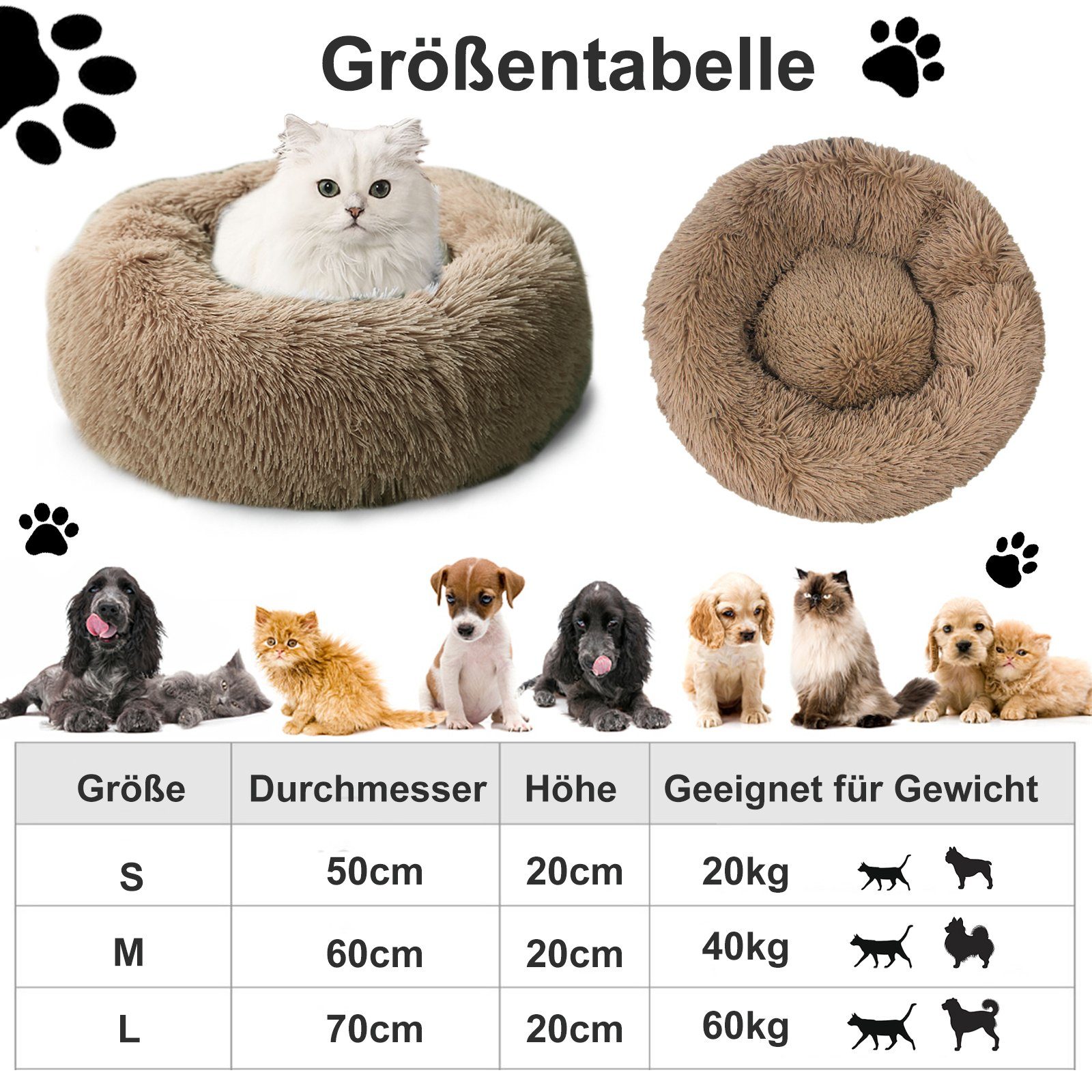 CALIYO Tierbett Tierbetten 60 cm, Waschbar Flauschiges Hundebett Katzenbett, für Katzen und kleine Hunde, plüsch Katzenkissen rund