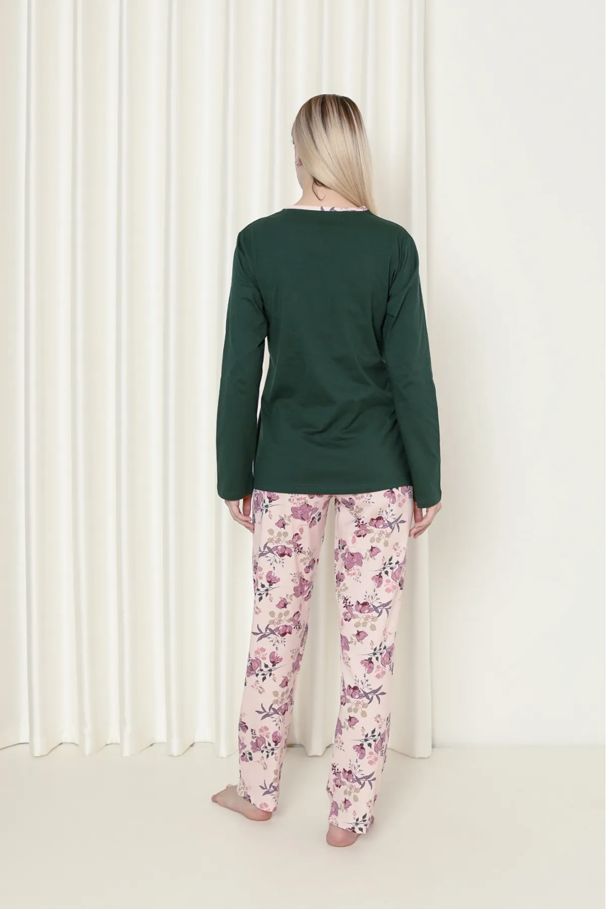 AHENGİM  Damen-Pyjama-Set für Damen, Single-Jersey, langärmelig, Blumenmuster, Baumwolle, saisonal, W20242241
