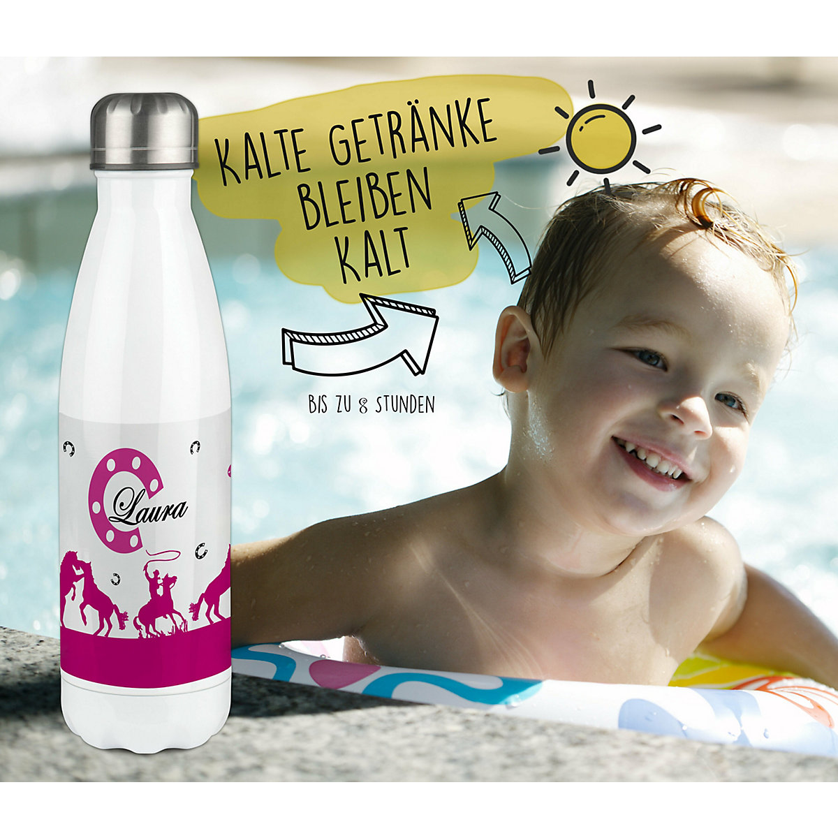 Edelstahl Kinder Thermoflasche / Trinkflasche bunt Cowboy Pferde Farbe pink Spülmaschinenfest, Auslaufsicher, Bruchfest, Doppelwandig, Für Heißgetränke geeignet, Mit Deckel, Isoliert