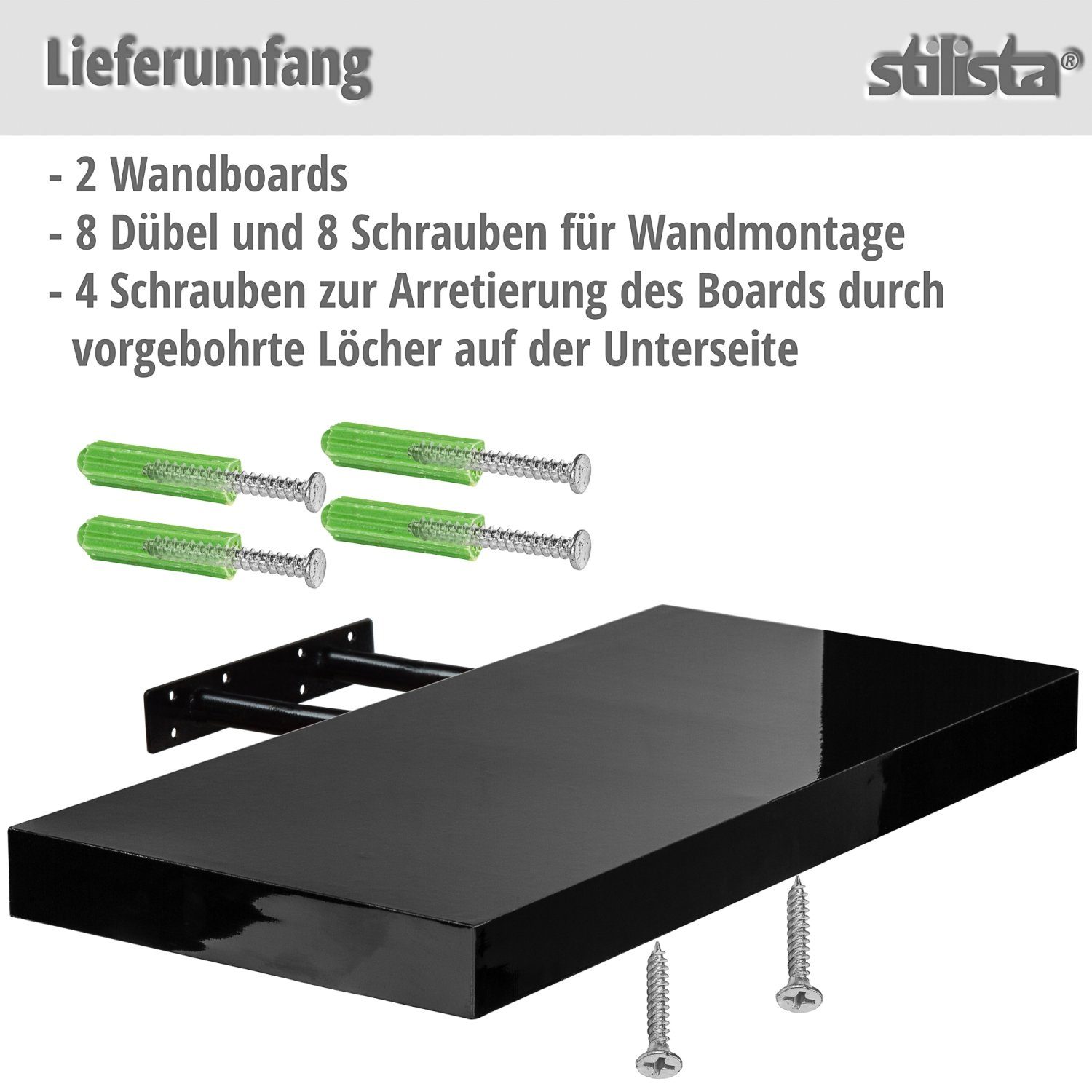 STILISTA Wandregal Wandboard Schweberegal Küchenregal Bücherregal, Set, Set, Regal, Volato, 2er Set, Länge 30 - 110 cm, Stärke 3,8 cm