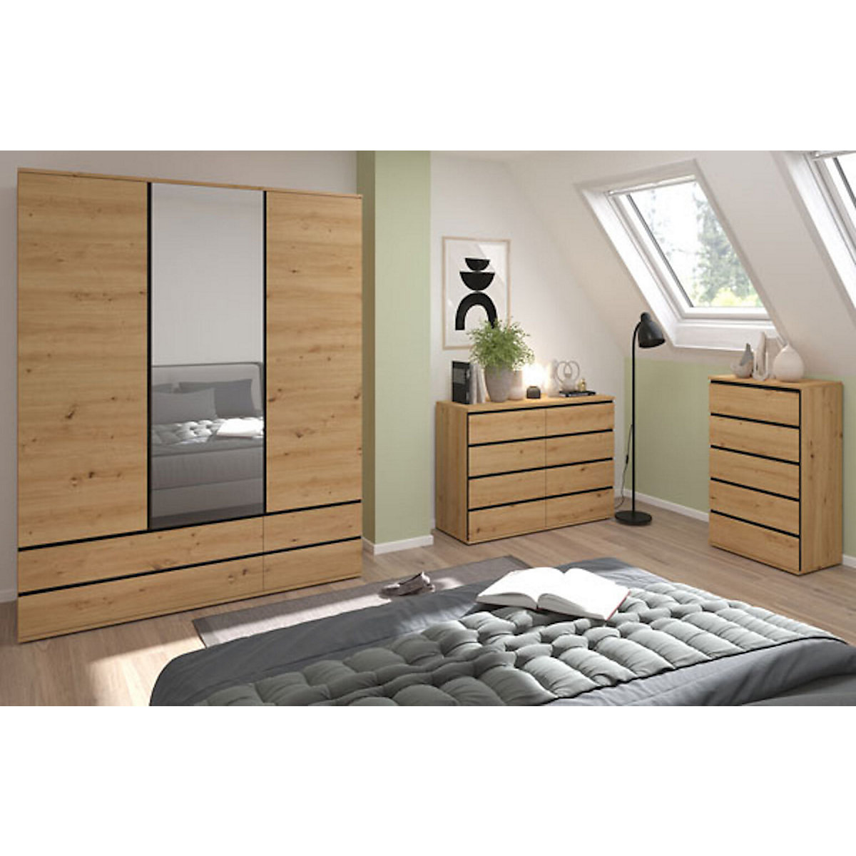 Kommode Naxos Sideboard 151x40x86cm grifflos 2-türig mit 4 Schubladen
