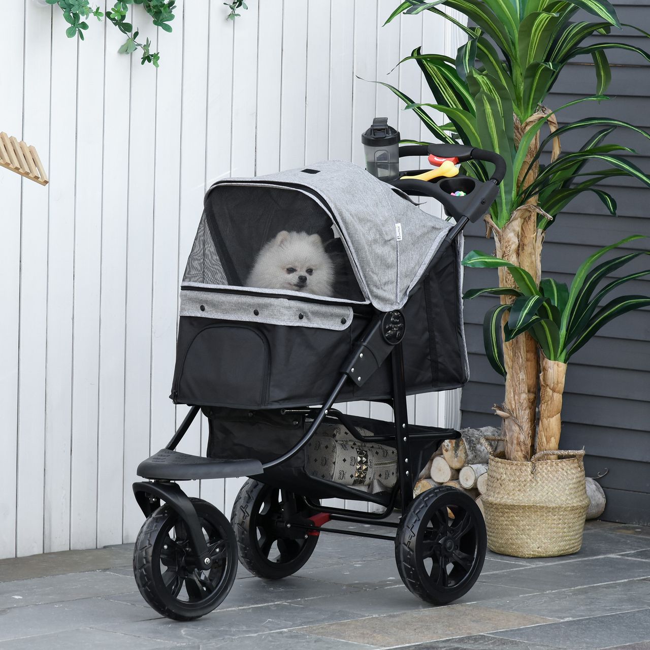 PawHut Hundewagen Hundebuggy Katzen Pet Stroller mit 3 Rädern klappbar Grau