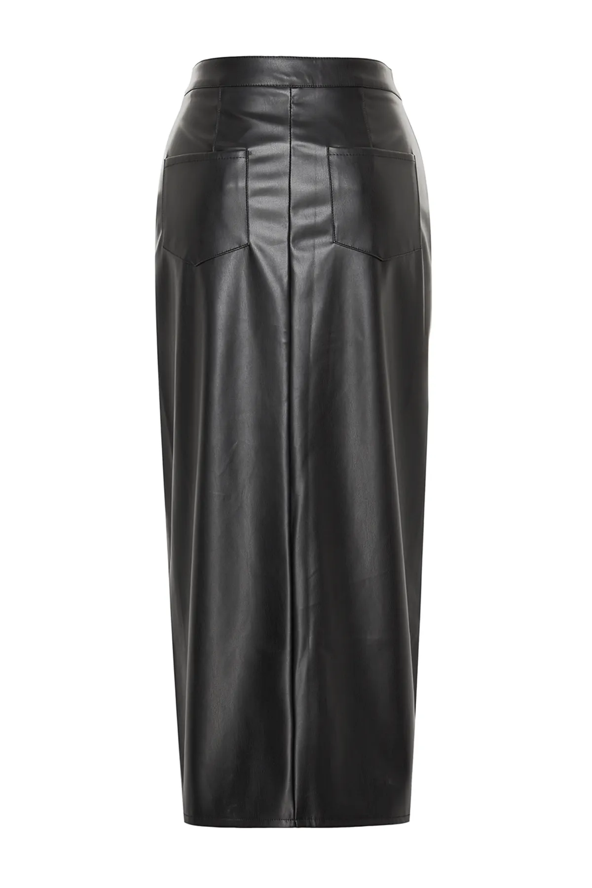 Trendyol Collection  Schwarzer Schlitz Kunstleder High Waist Maxi Strickrock TWOAW24ET00198