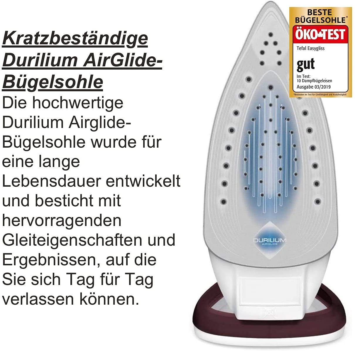 Tefal Dampfbügeleisen Easygliss, Automatische Abschaltung, Anti-Kalk, 2400 W, Vertikale Dampffunktion, Kratzfeste Bügelsohle, Dampfstoß 190 g/min