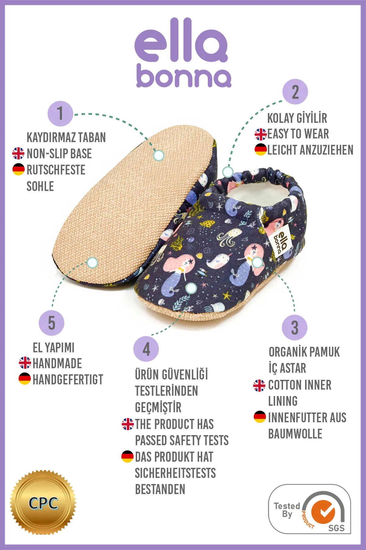 Ella Bonna  Rutschfeste Sohle, Meerestiere, Babyschuhe, Heimstiefel, Hausschuhe, Kinderzimmerschuhe, Hausschuhe