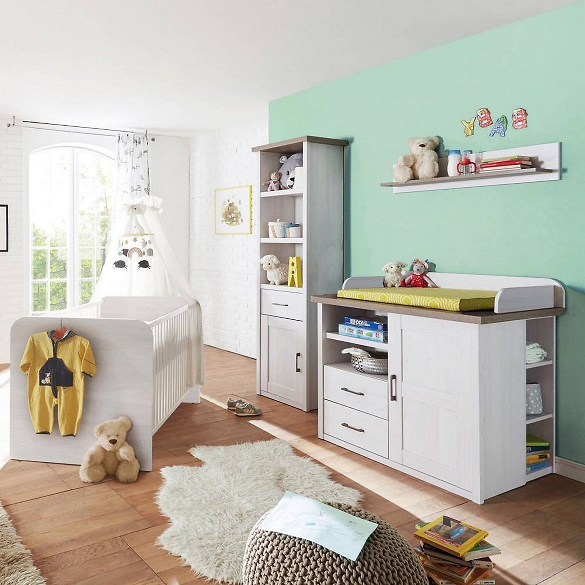 Babymöbel Set Landhausstil LUND-78 Pinie weiß Nb./Trüffel Eiche Nb.