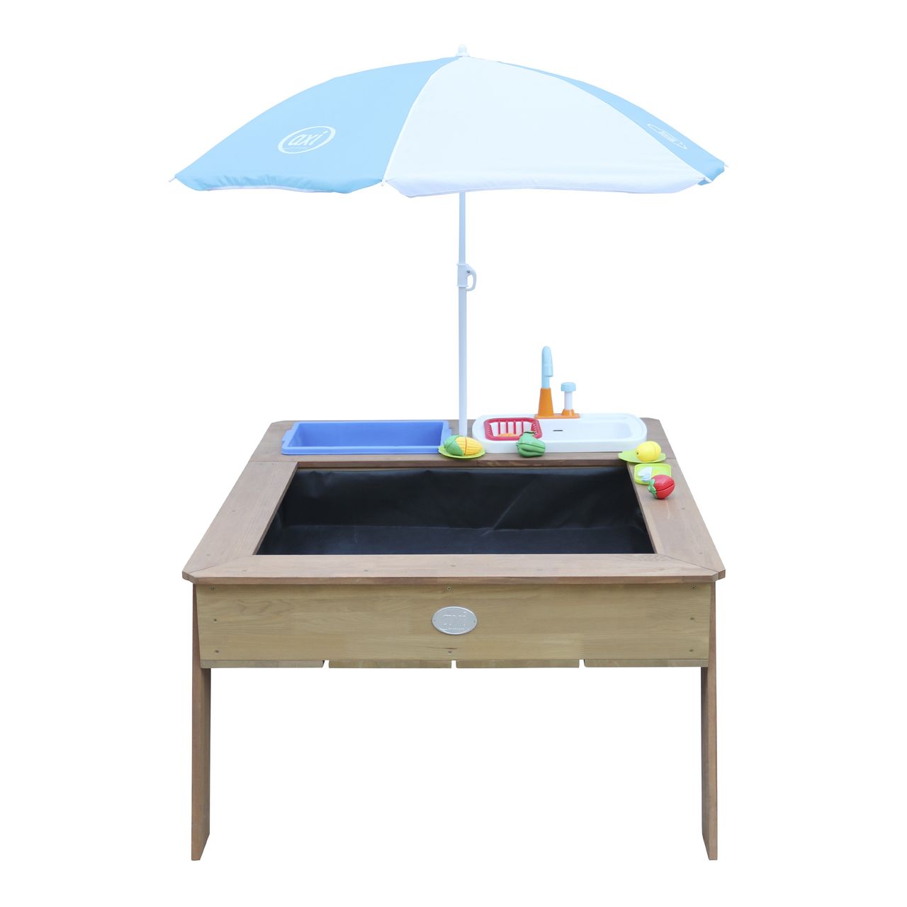 AXI Linda Sand & Wassertisch mit Spielküchenspüle Braun - Sonnenschirm Blau/Weiß